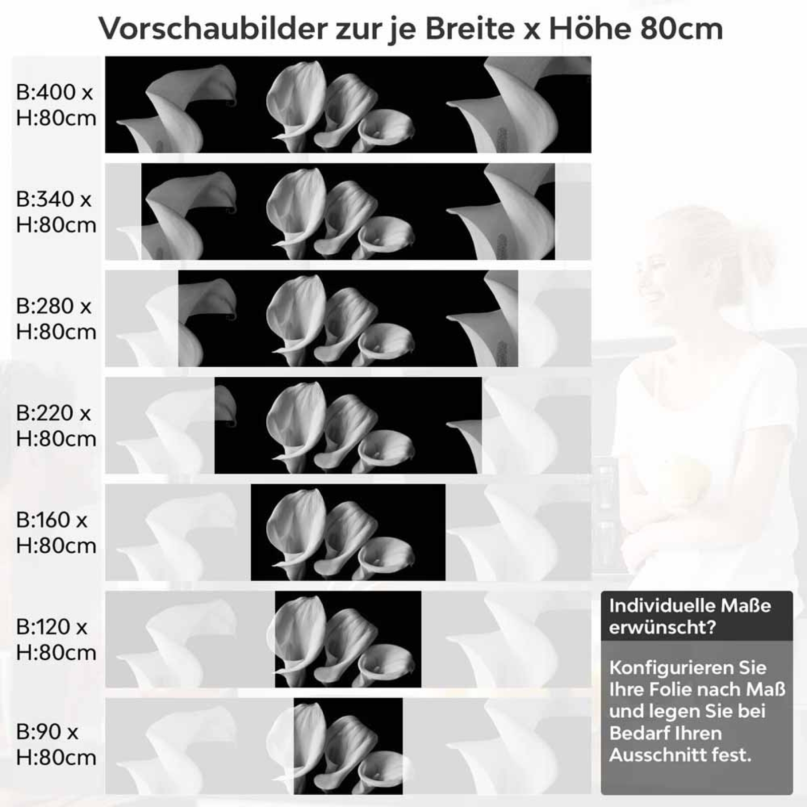 Küchenrückwand Folie monochrome Blumen - Stilvolle Calla-Lilien Höhe 80cm