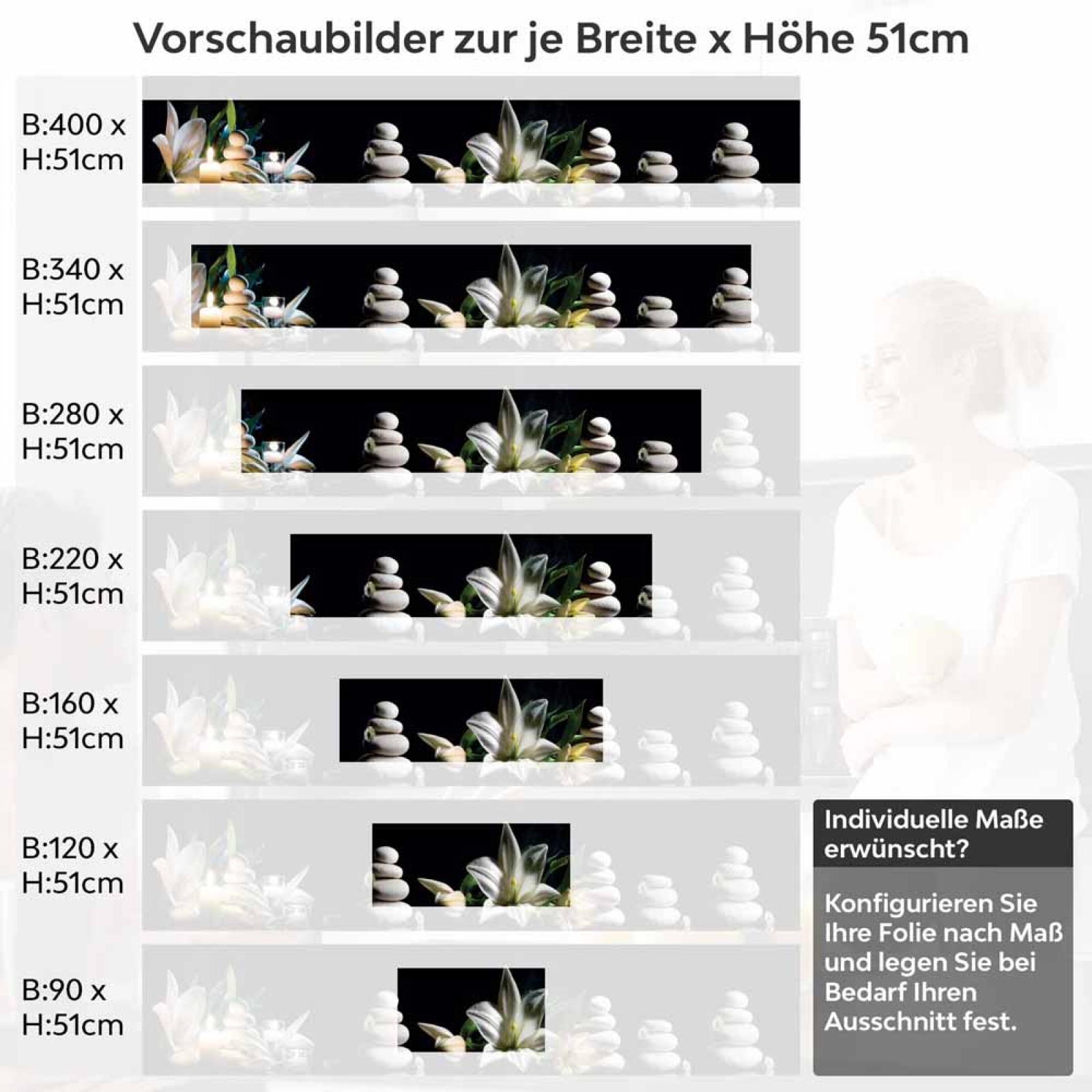 Küchenrückwand Folie asiatische Harmonie - Zen-Motiv mit Lilien Höhe 51cm