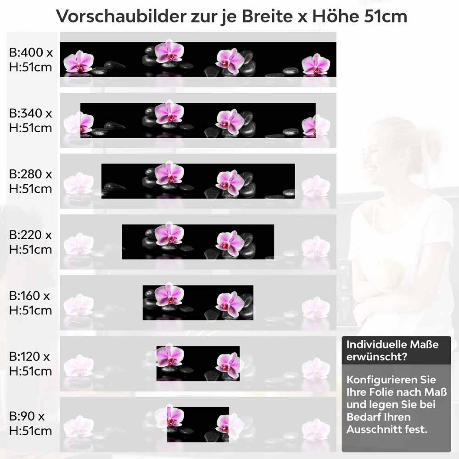 Küchenrückwand Folie Orchideenblüten in zartem Rosa-Violett Höhe 51cm