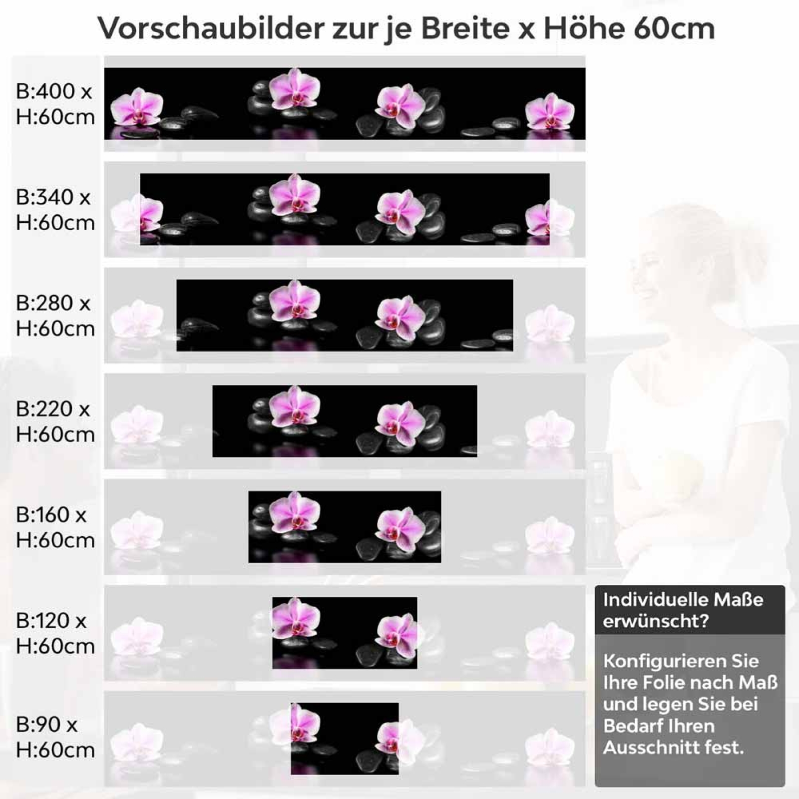 Küchenrückwand Folie Orchideenblüten in zartem Rosa-Violett Höhe 60cm