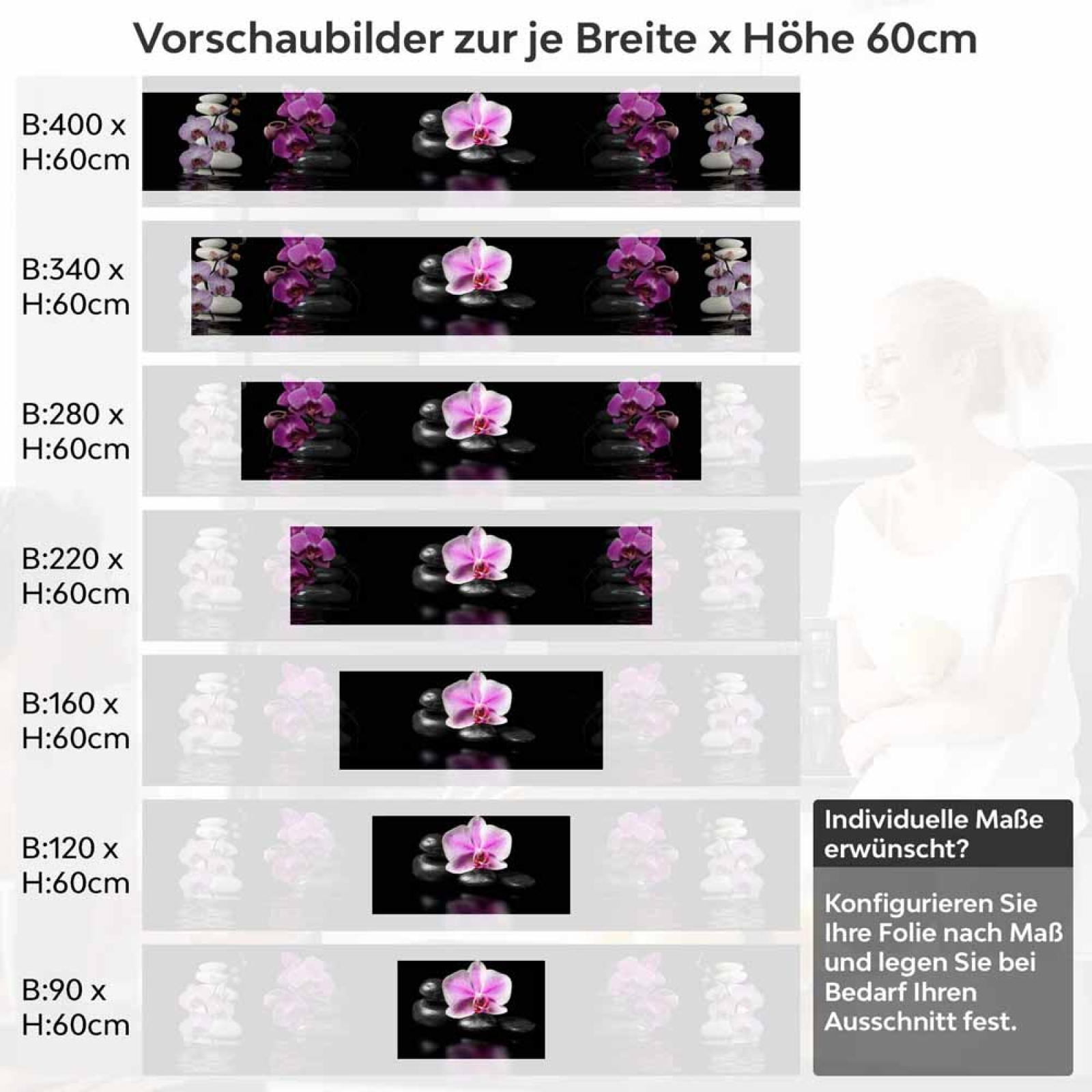 Küchenrückwand Folie Violette Orchideen - Zen-Motiv mit Reflexion Höhe 60cm