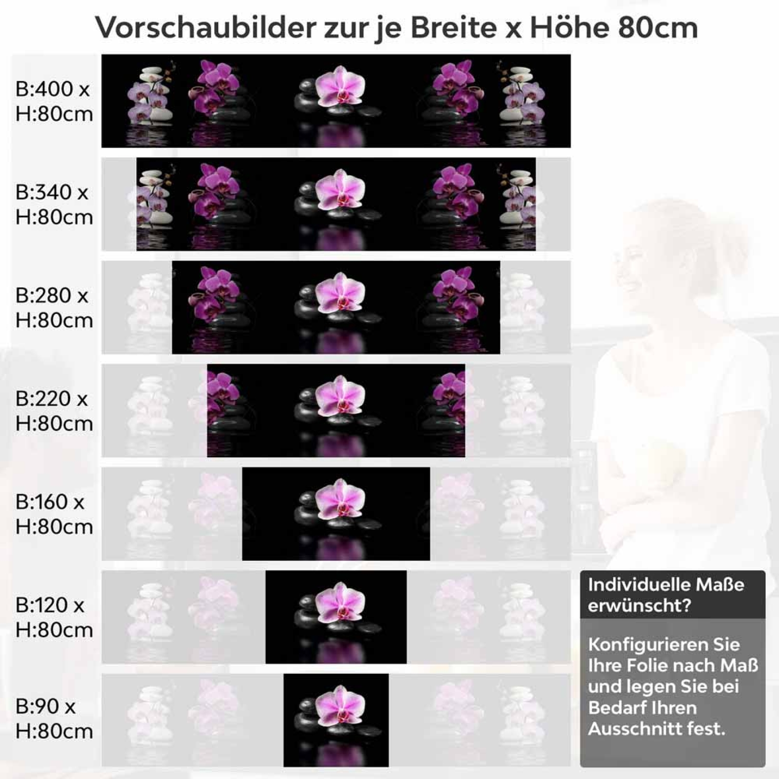Küchenrückwand Folie Violette Orchideen - Zen-Motiv mit Reflexion Höhe 80cm