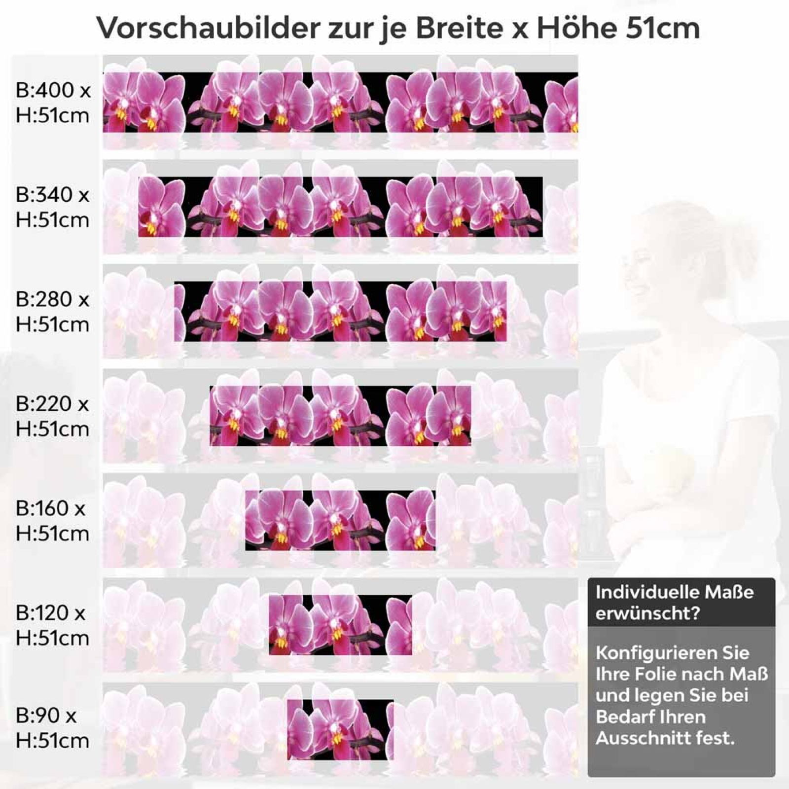 Küchenrückwand Folie Orchideen Pink - Pink auf Schwarz Höhe 51cm
