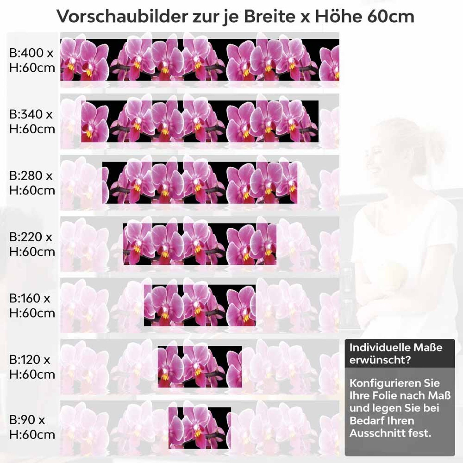 Küchenrückwand Folie Orchideen Pink - Pink auf Schwarz Höhe 60cm