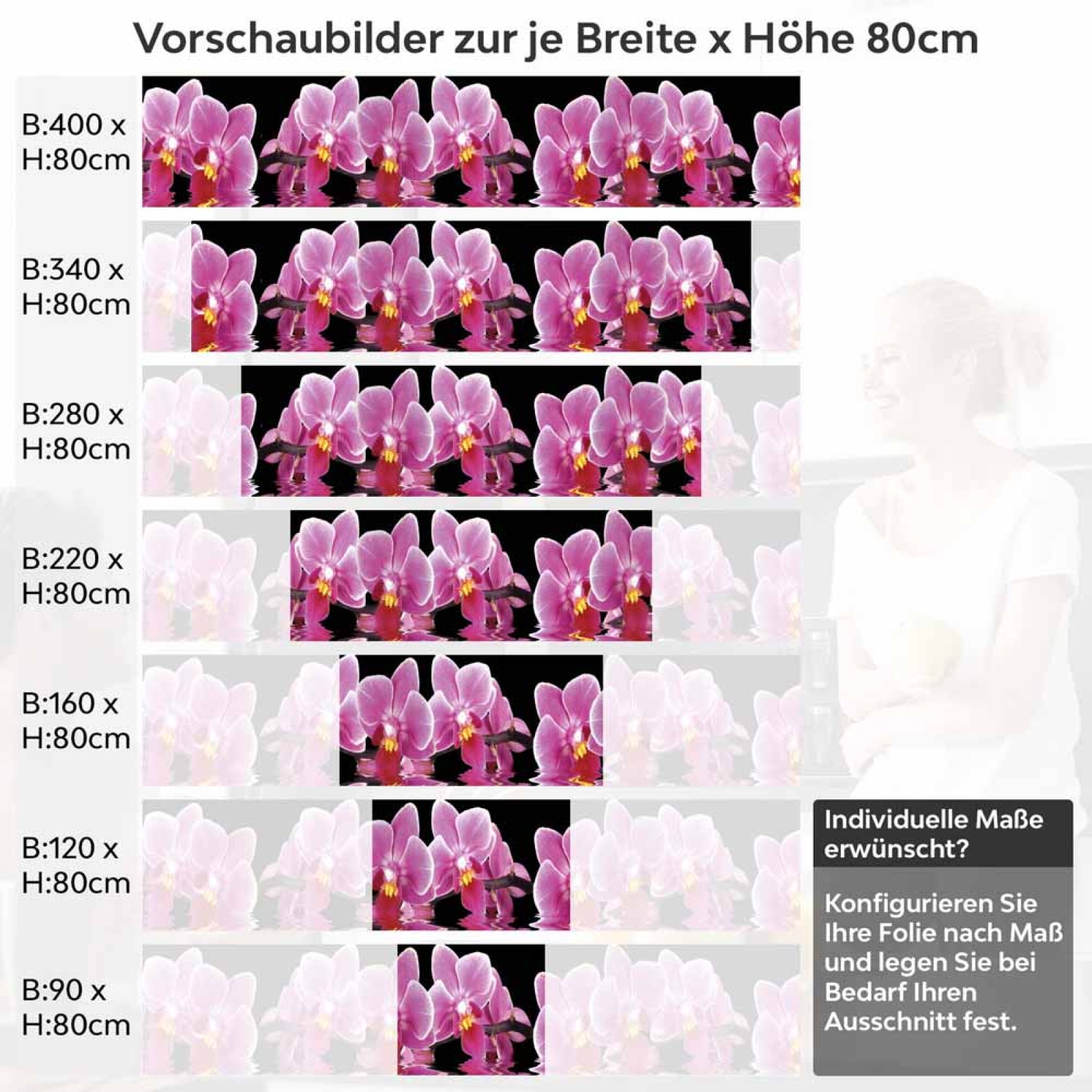 Küchenrückwand Folie Orchideen Pink - Pink auf Schwarz Höhe 80cm