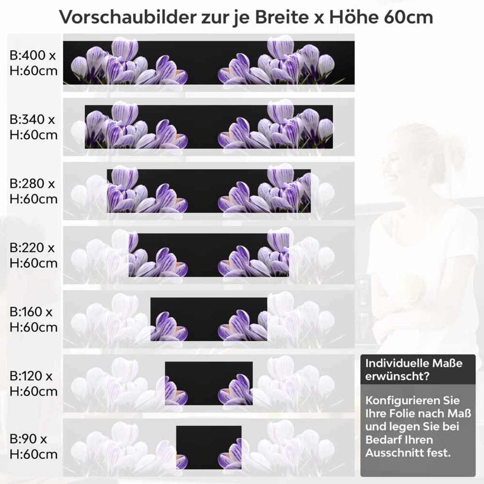 Küchenrückwand Folie Krokusblüten - edles Lila auf Schwarz Höhe 60cm