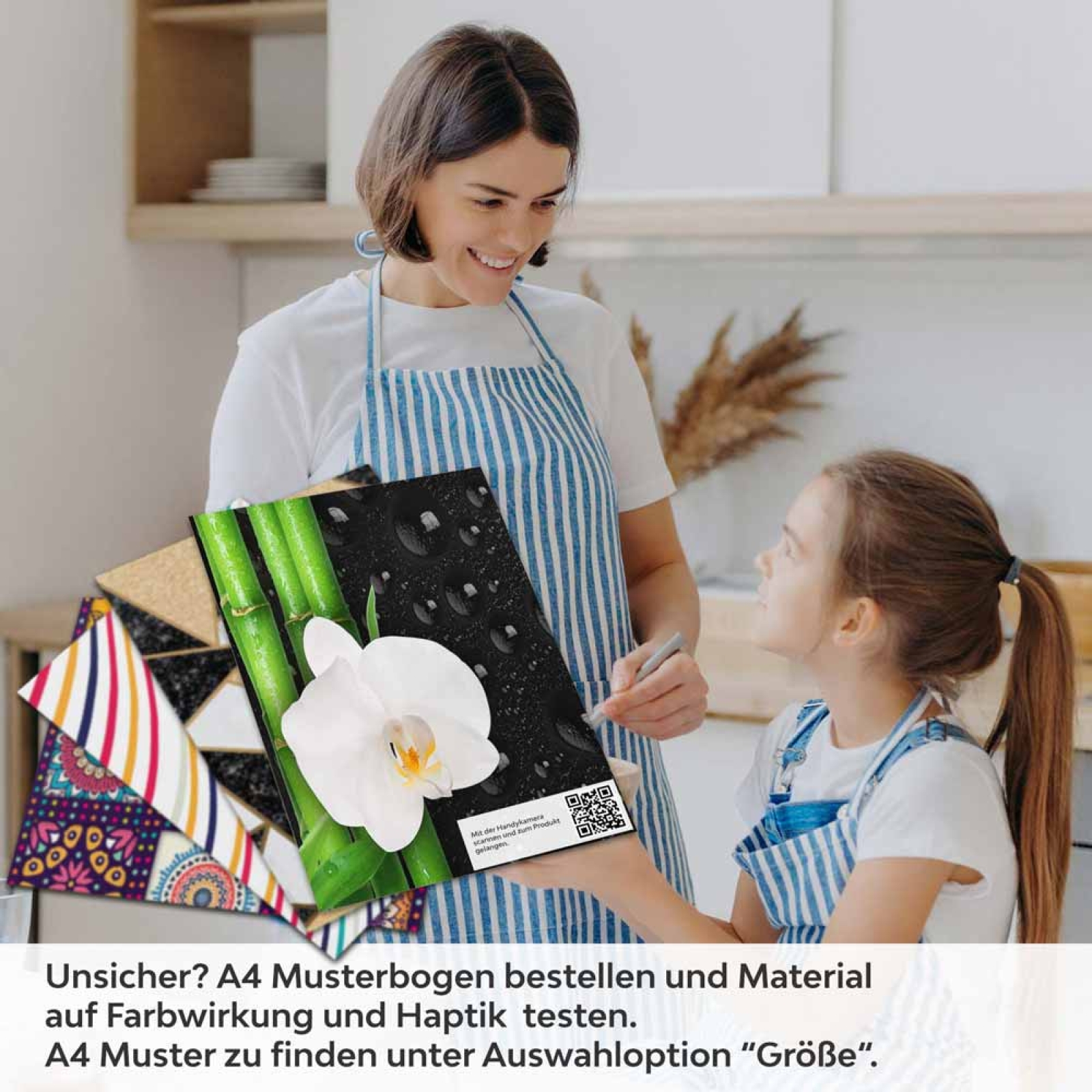 Küchenrückwand Folie asiatische Ruhe - Bambus & weiße Blüten A4 Muster