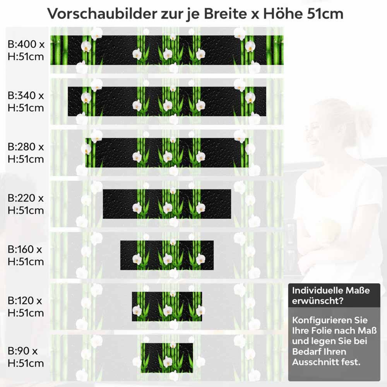 Küchenrückwand Folie asiatische Ruhe - Bambus & weiße Blüten Höhe 51cm