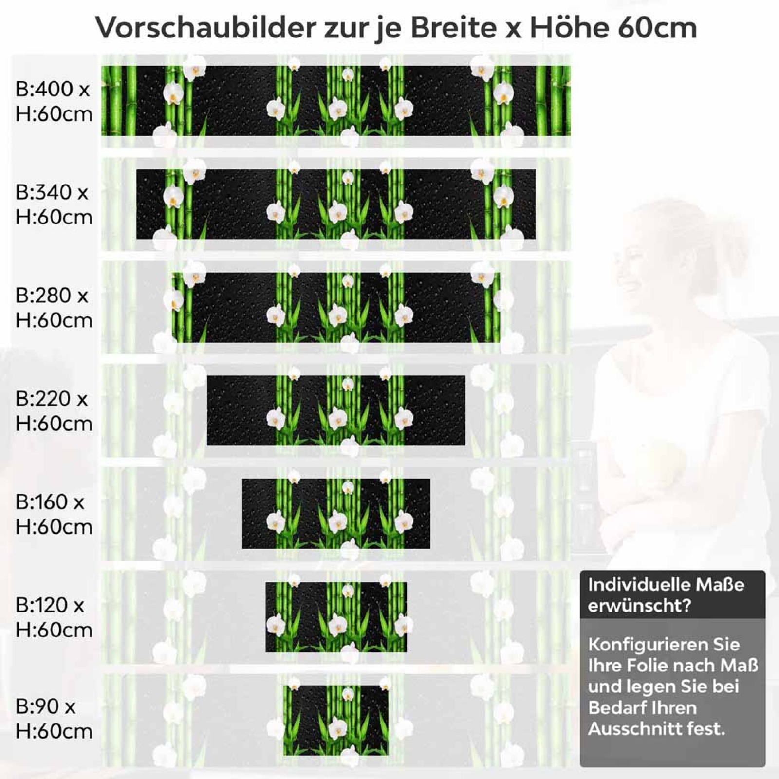 Küchenrückwand Folie asiatische Ruhe - Bambus & weiße Blüten Höhe 60cm