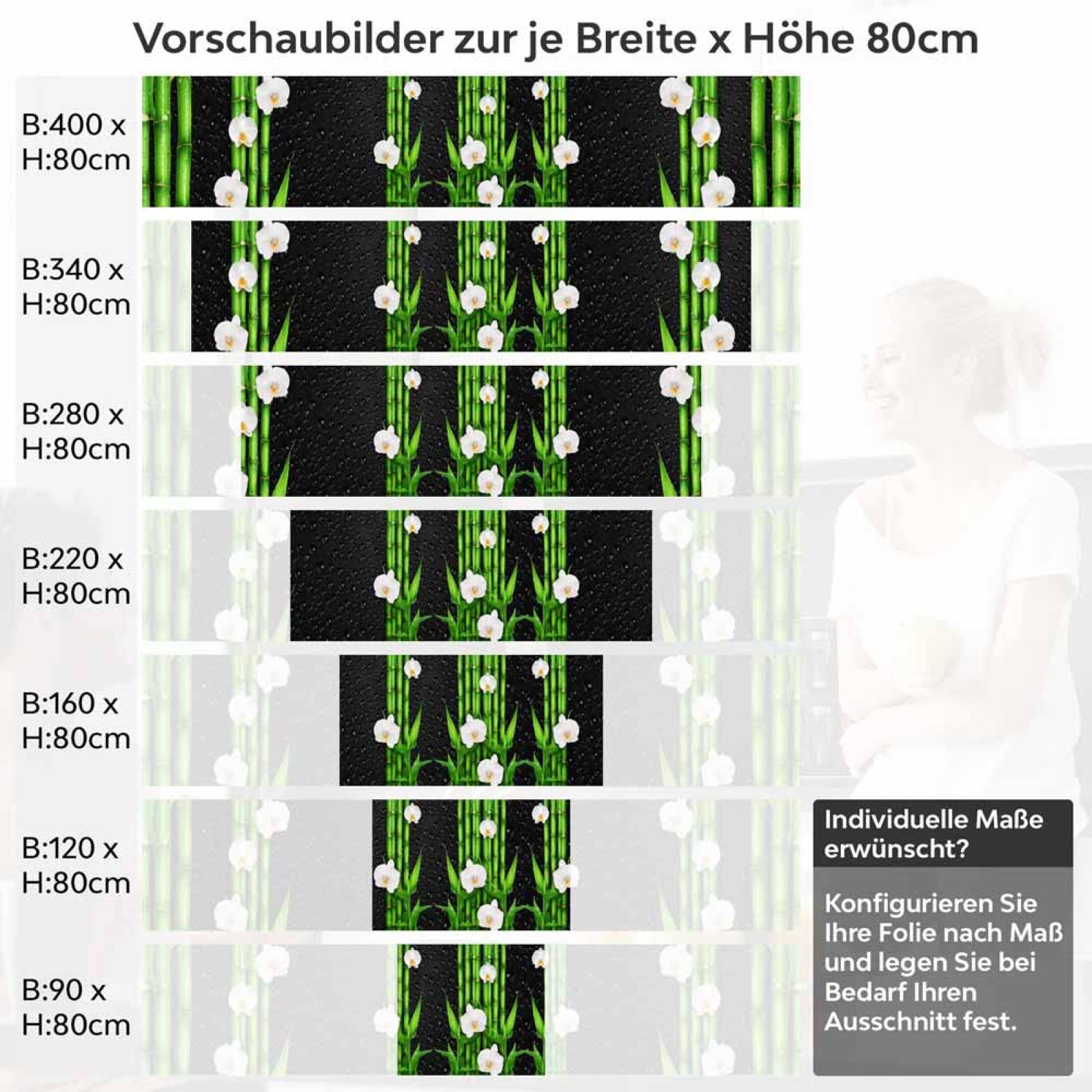 Küchenrückwand Folie asiatische Ruhe - Bambus & weiße Blüten Höhe 80cm