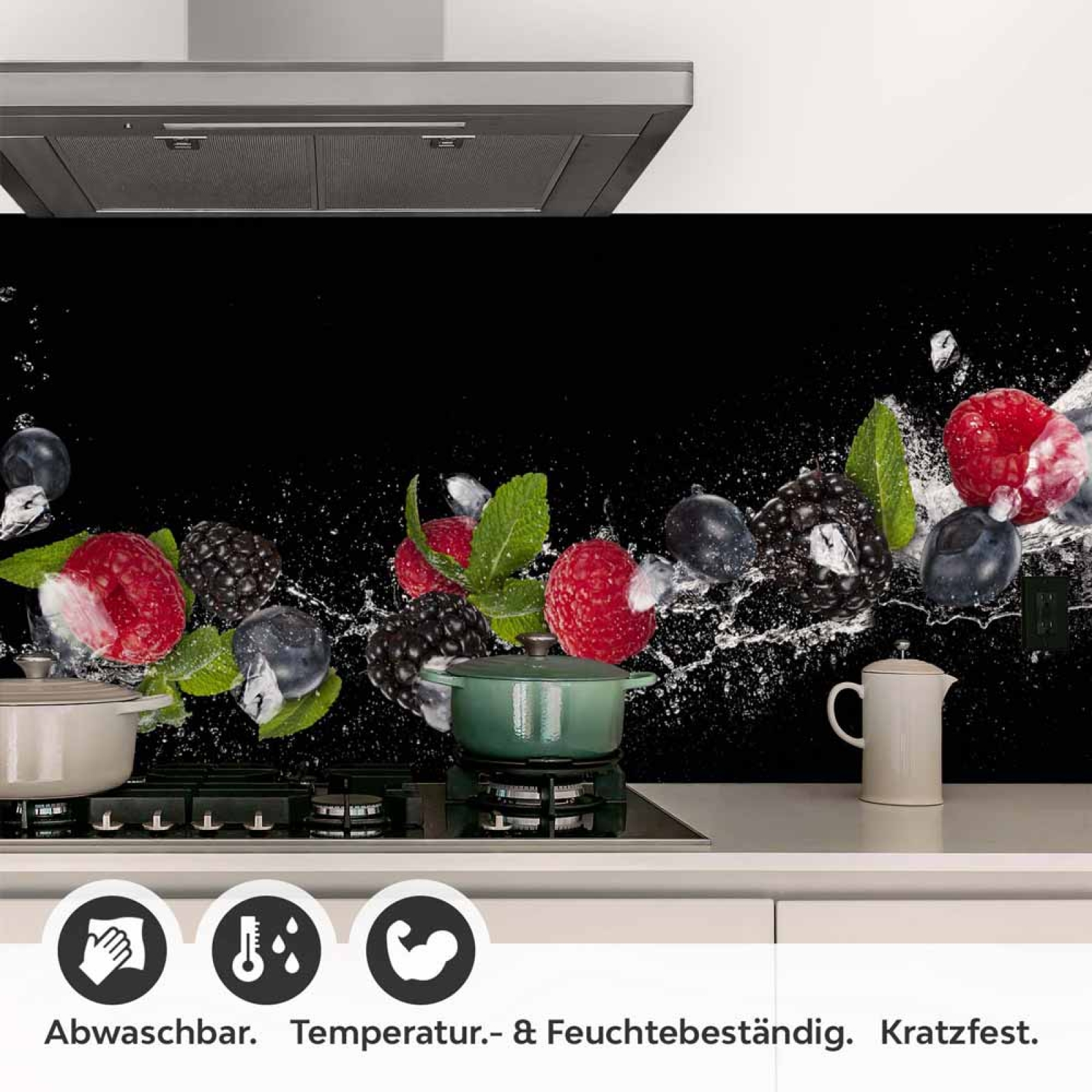 Küchenrückwand Folie Brombeeren, Himbeeren & Minze im Wassereffekt Detailbild 1
