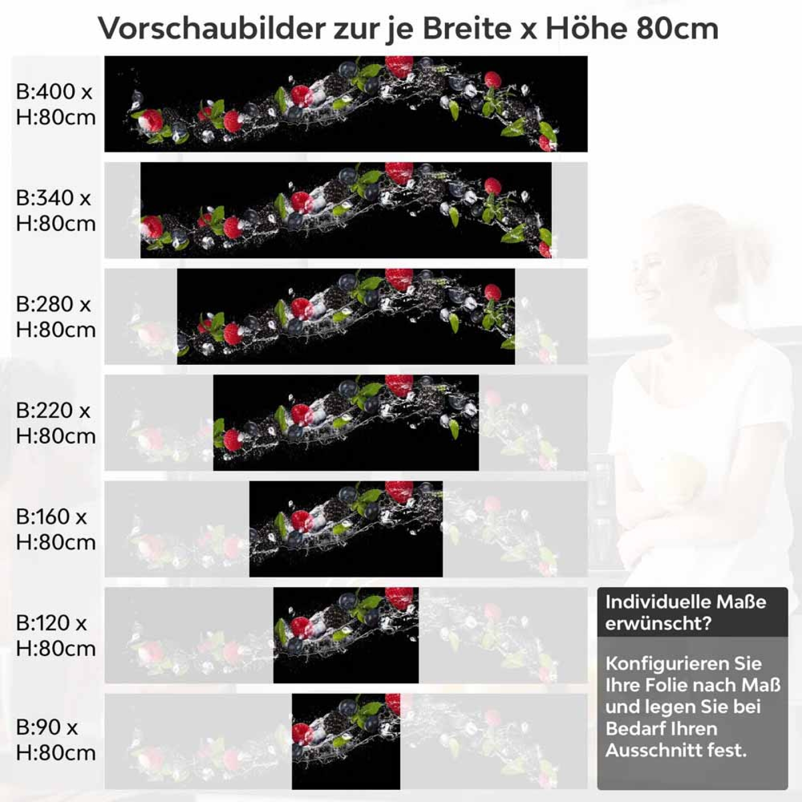 Küchenrückwand Folie Brombeeren, Himbeeren & Minze im Wassereffekt Höhe 80cm