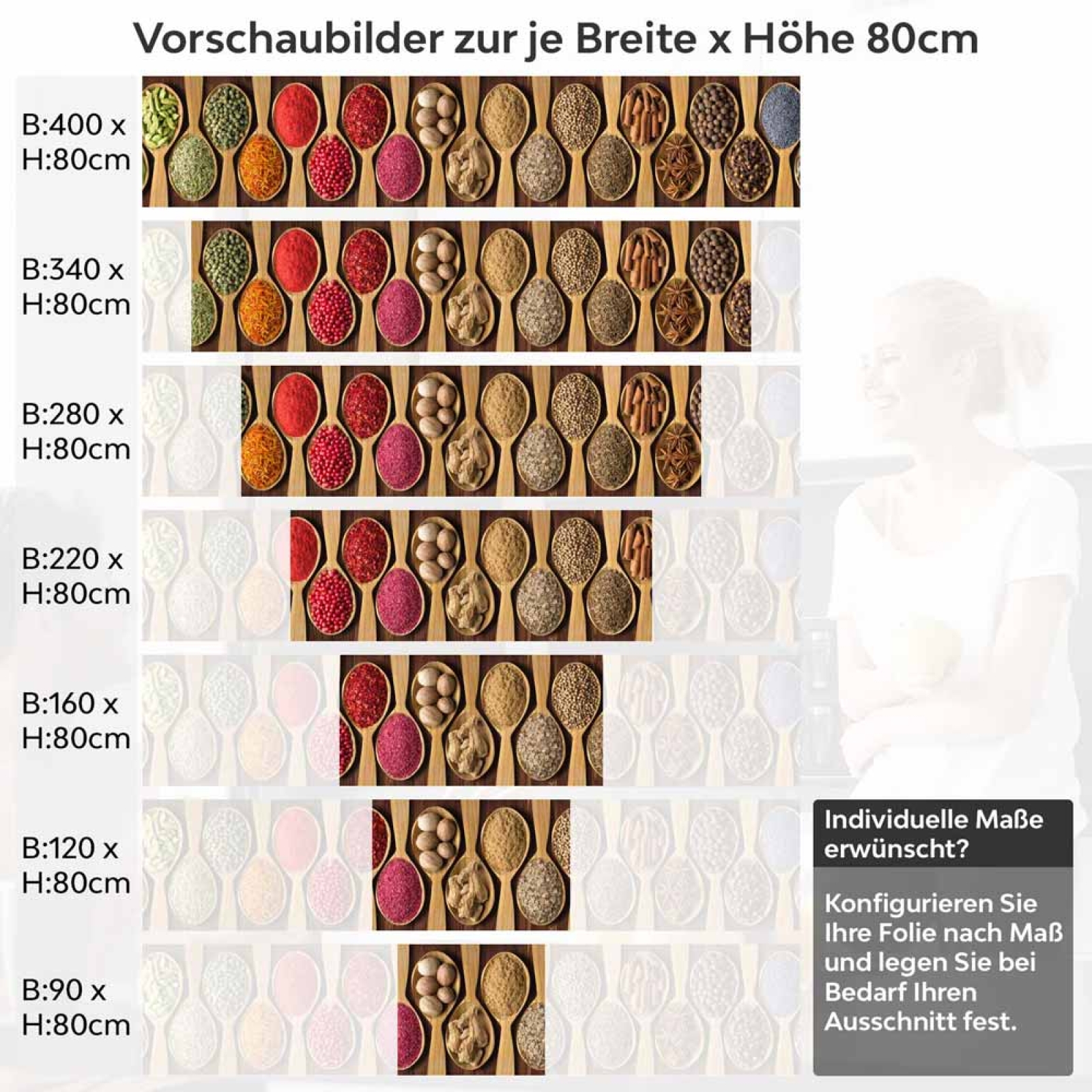 Küchenrückwand Folie Holzlöffel mit Gewürzen - Geschmackvolles Design Höhe 80cm