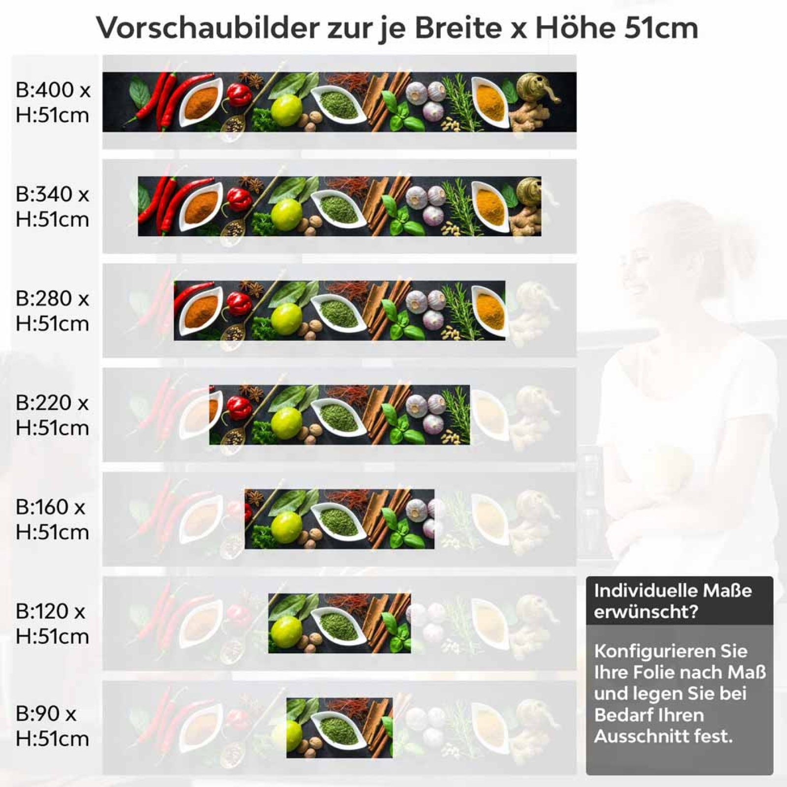 Küchenrückwand Folie Kräuter und Gewürze - Intensives Küchenflair Höhe 51cm