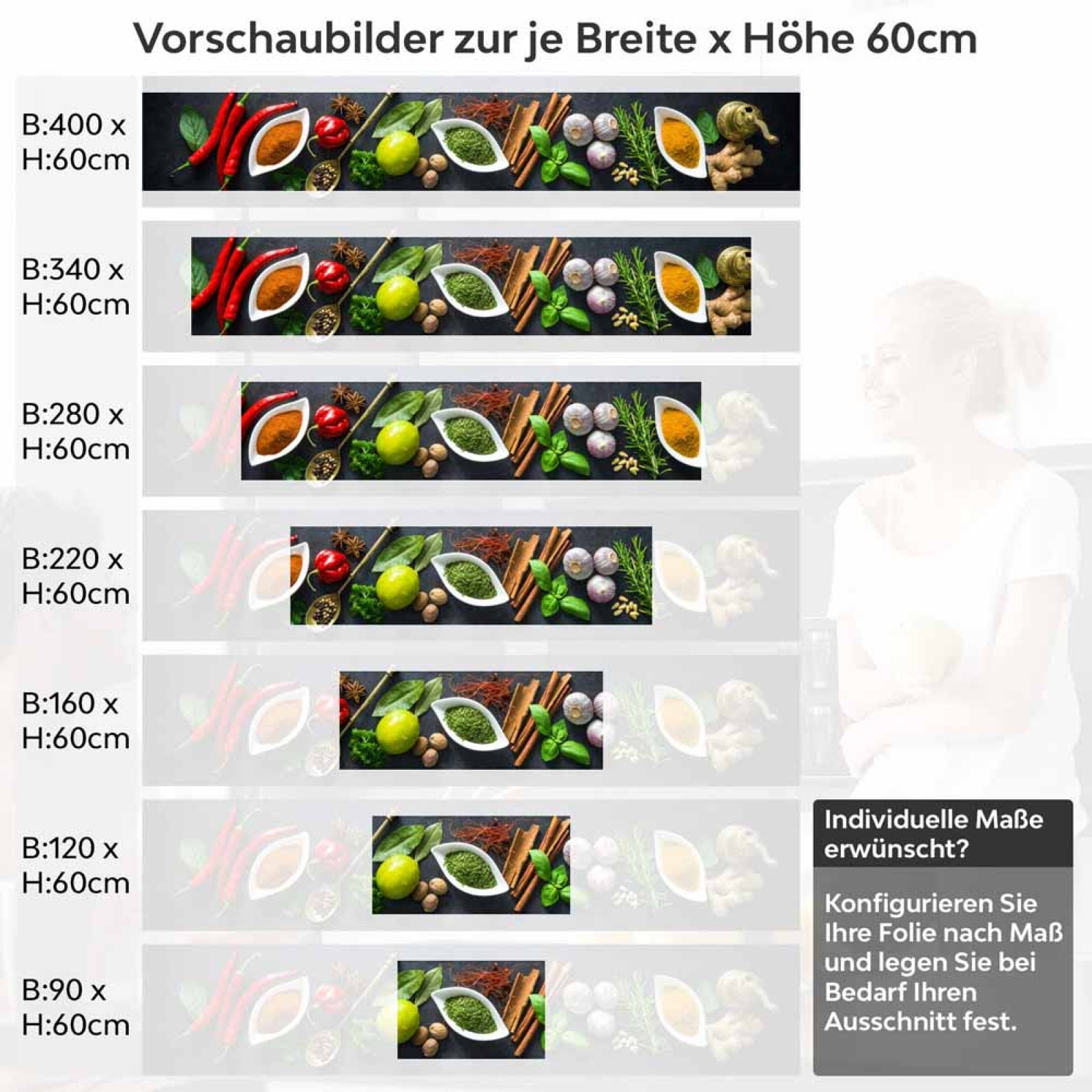 Küchenrückwand Folie Kräuter und Gewürze - Intensives Küchenflair Höhe 60cm