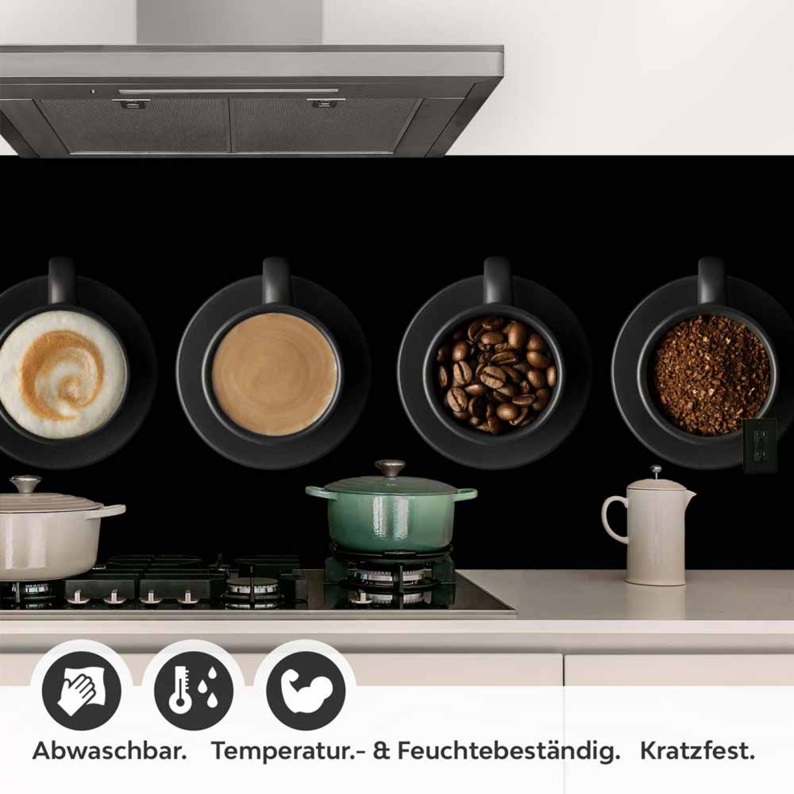 Küchenrückwand Folie Kaffee Tassen - Vielfalt auf schwarzem Hintergrund Detailbild 1