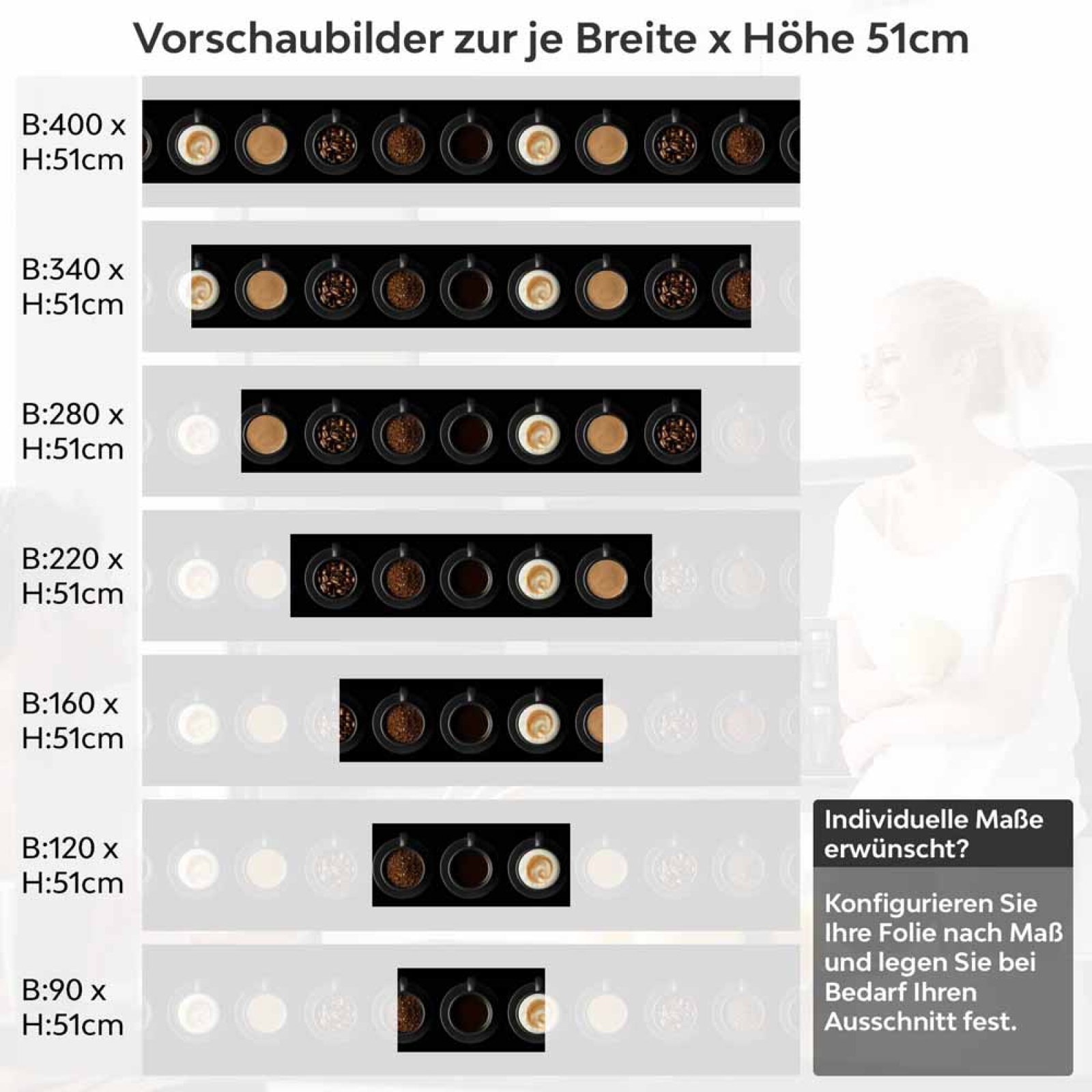 Küchenrückwand Folie Kaffee Tassen - Vielfalt auf schwarzem Hintergrund Höhe 51cm