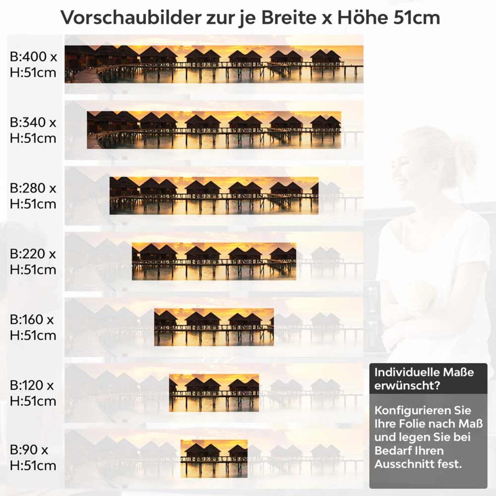 Küchenrückwand Folie Holzsteg mit Bungalows im Meer Höhe 51cm