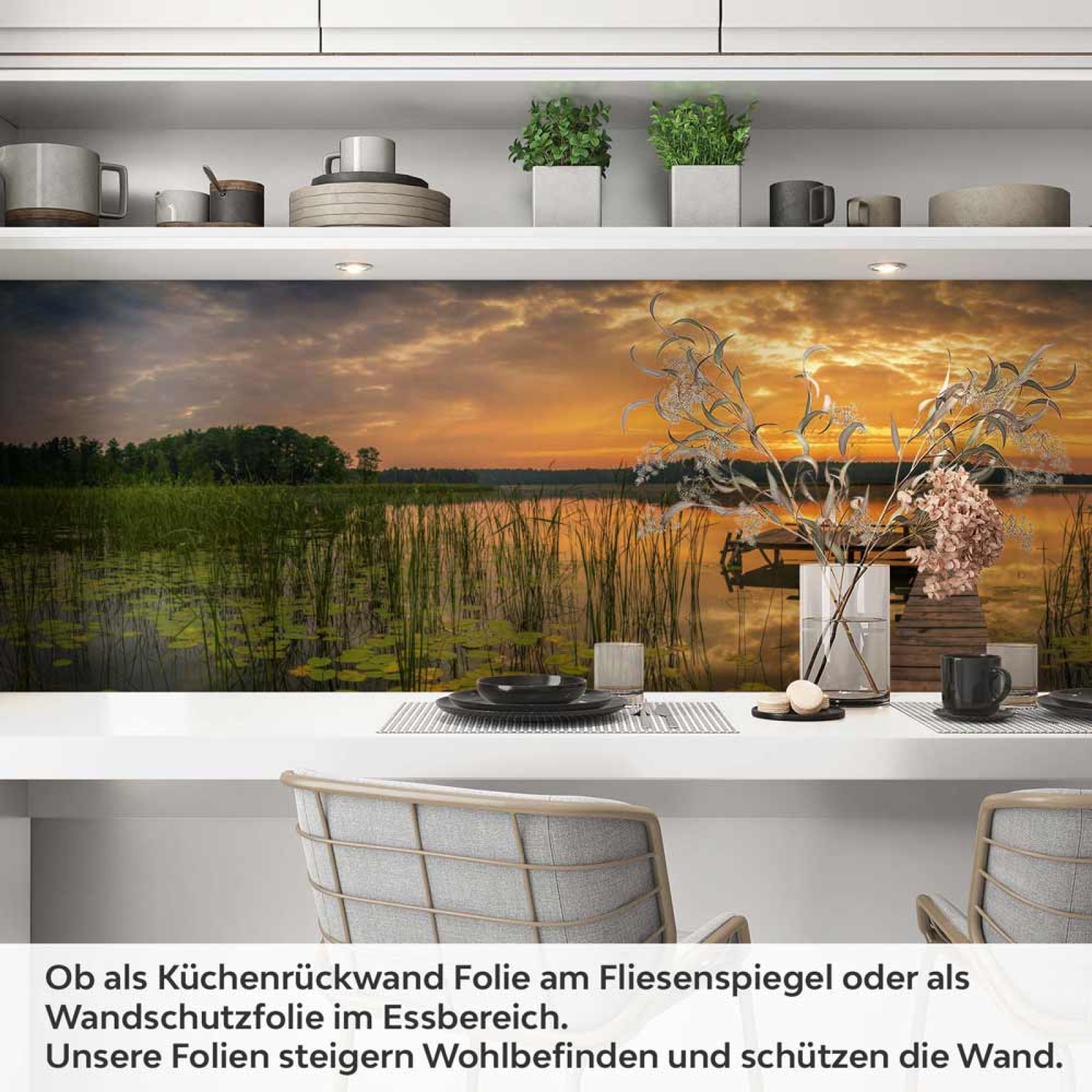 Küchenrückwand Folie Steg im See zum Sonnenuntergang Artikelbild 1