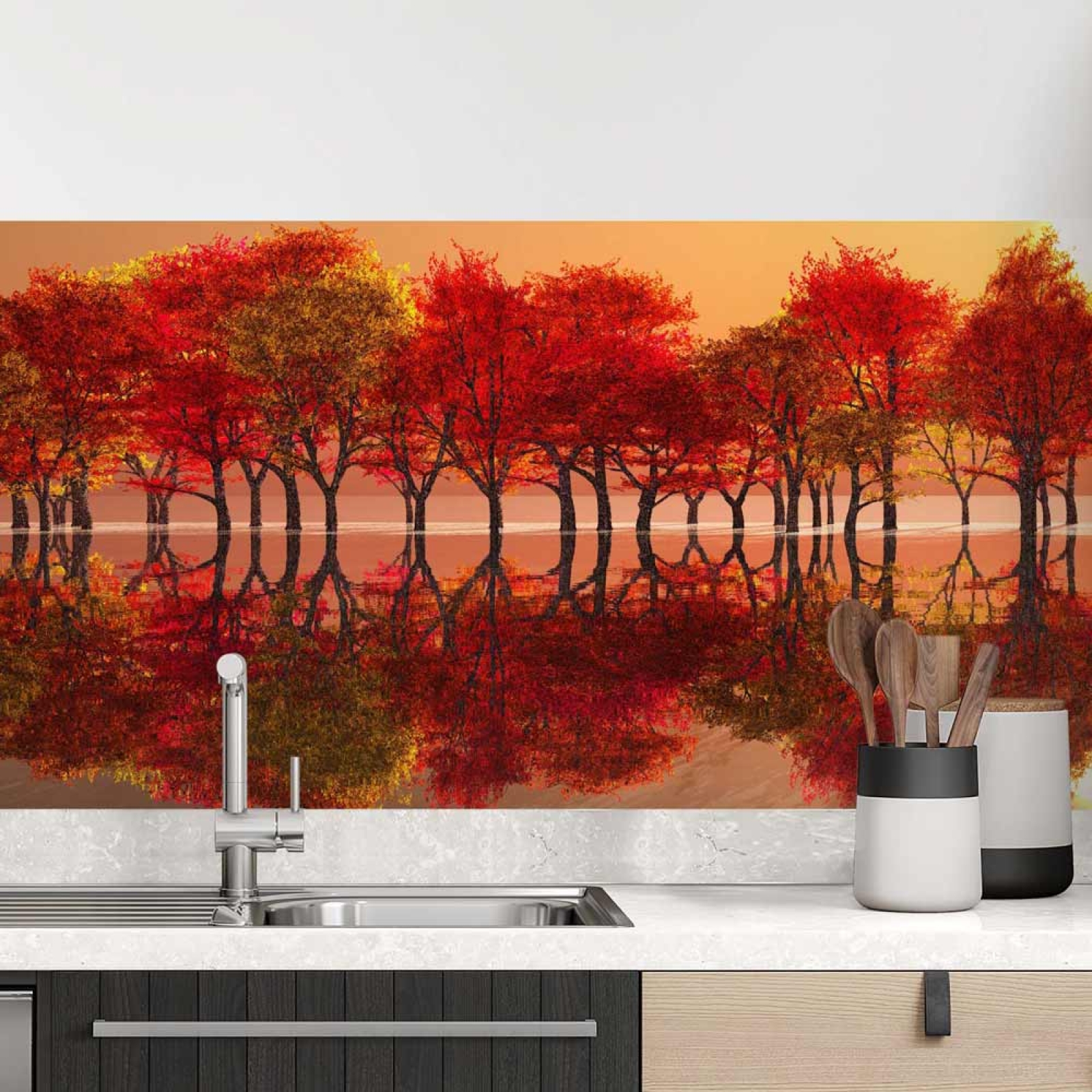 Küchenrückwand Folie Bäume am See - Herbstliche Natur Hauptbild 1