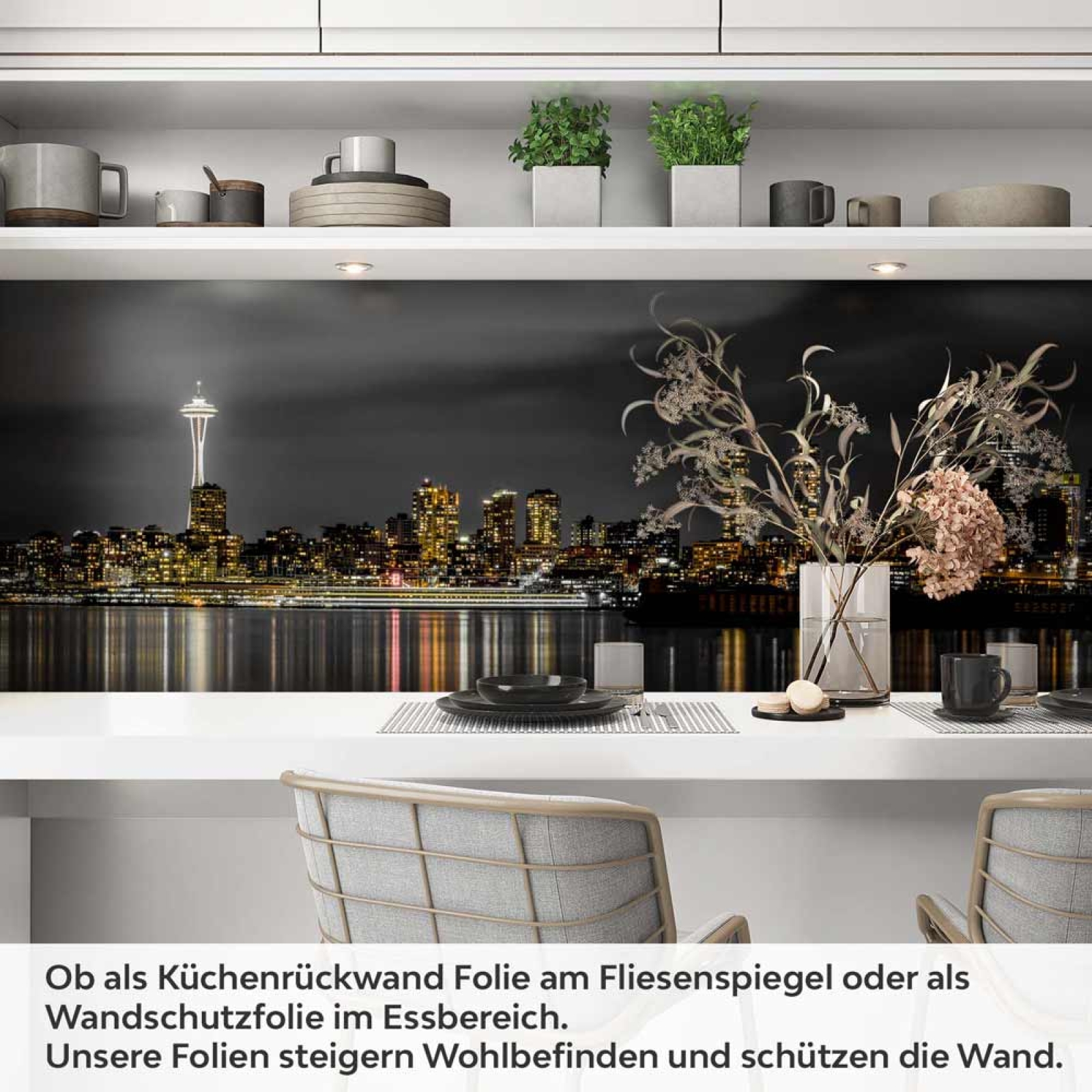 Küchenrückwand Folie Skyline-Lichter im Spiegel des Sees Artikelbild 1