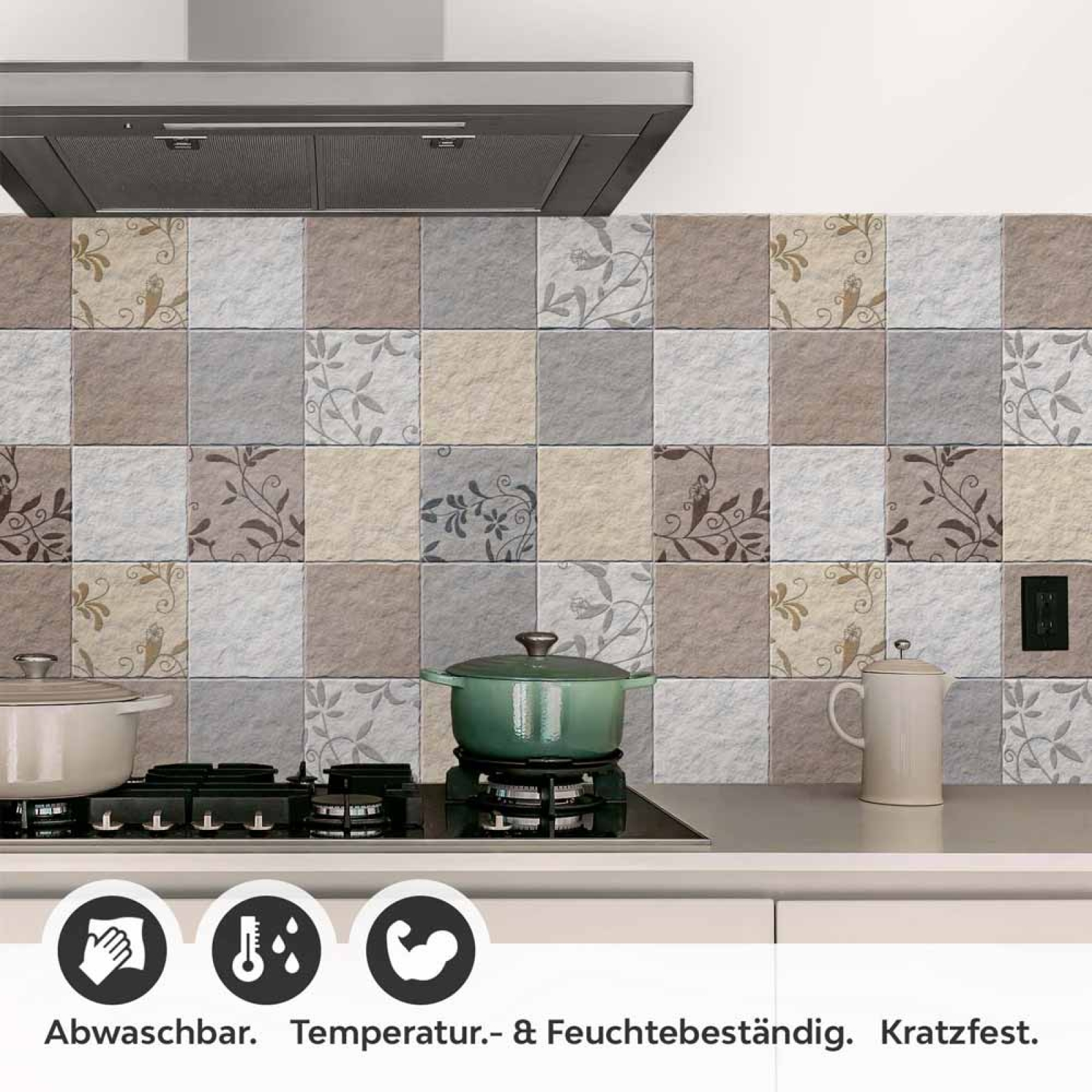 Küchenrückwand Folie Fliesenoptik Floral - Dezent mit Blumendetails Detailbild 1