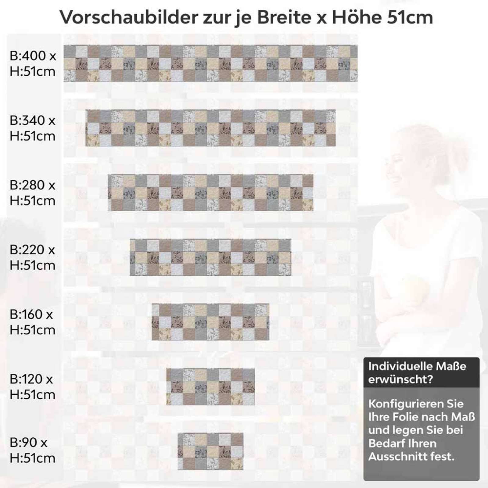 Küchenrückwand Folie Fliesenoptik Floral - Dezent mit Blumendetails Höhe 51cm