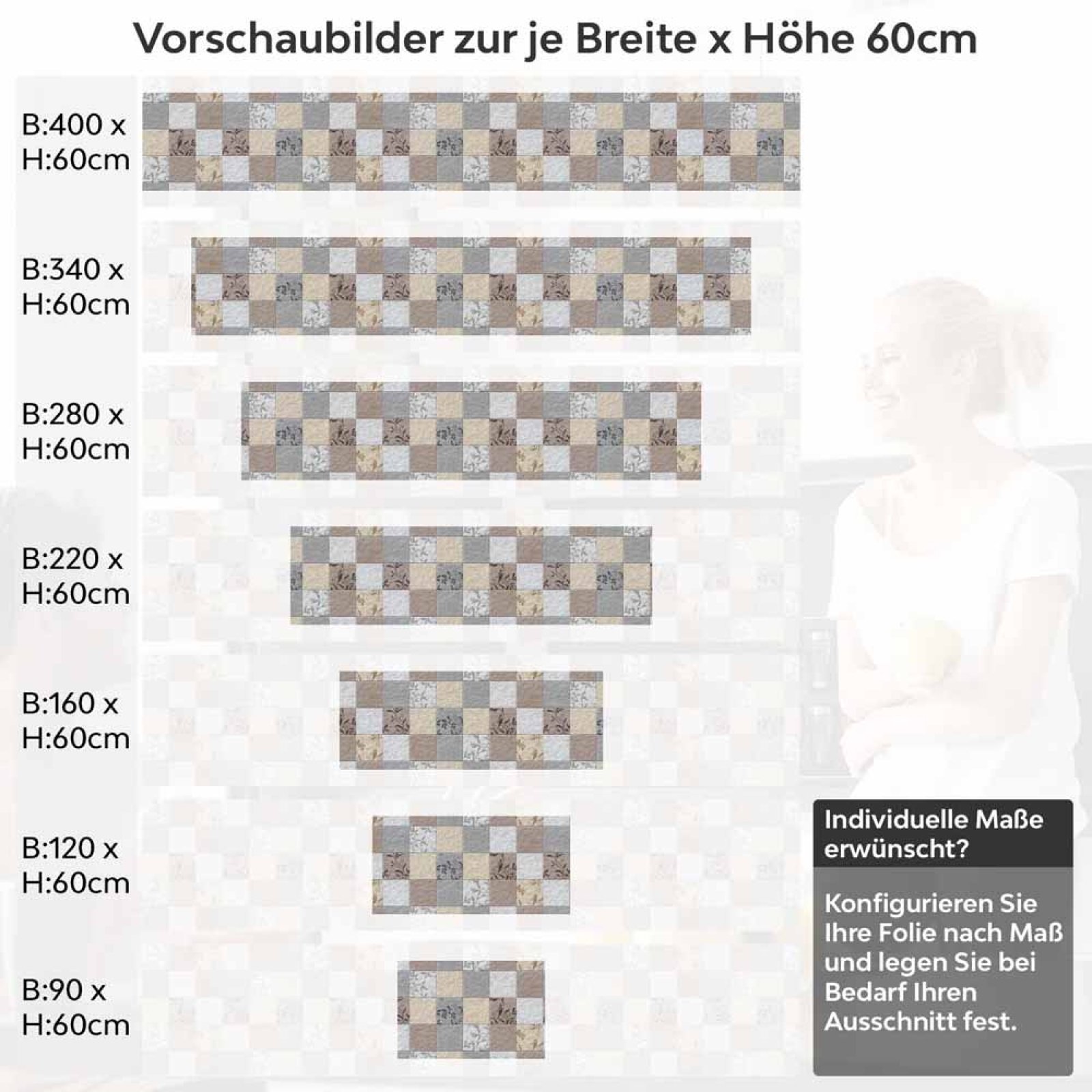 Küchenrückwand Folie Fliesenoptik Floral - Dezent mit Blumendetails Höhe 60cm