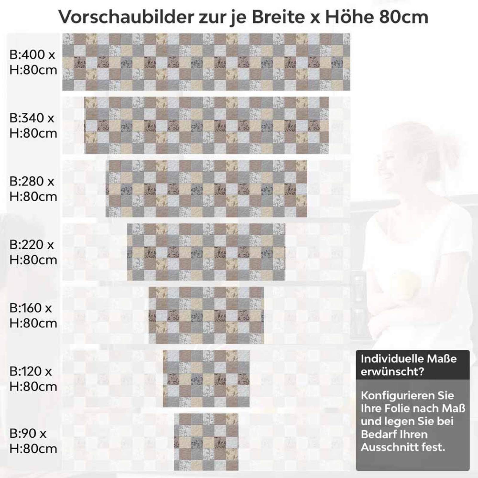 Küchenrückwand Folie Fliesenoptik Floral - Dezent mit Blumendetails Höhe 80cm