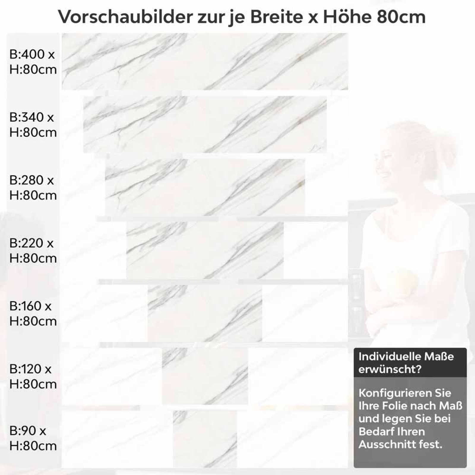 Küchenrückwand Folie Marmoroptik Weiß & Grau Höhe 80cm