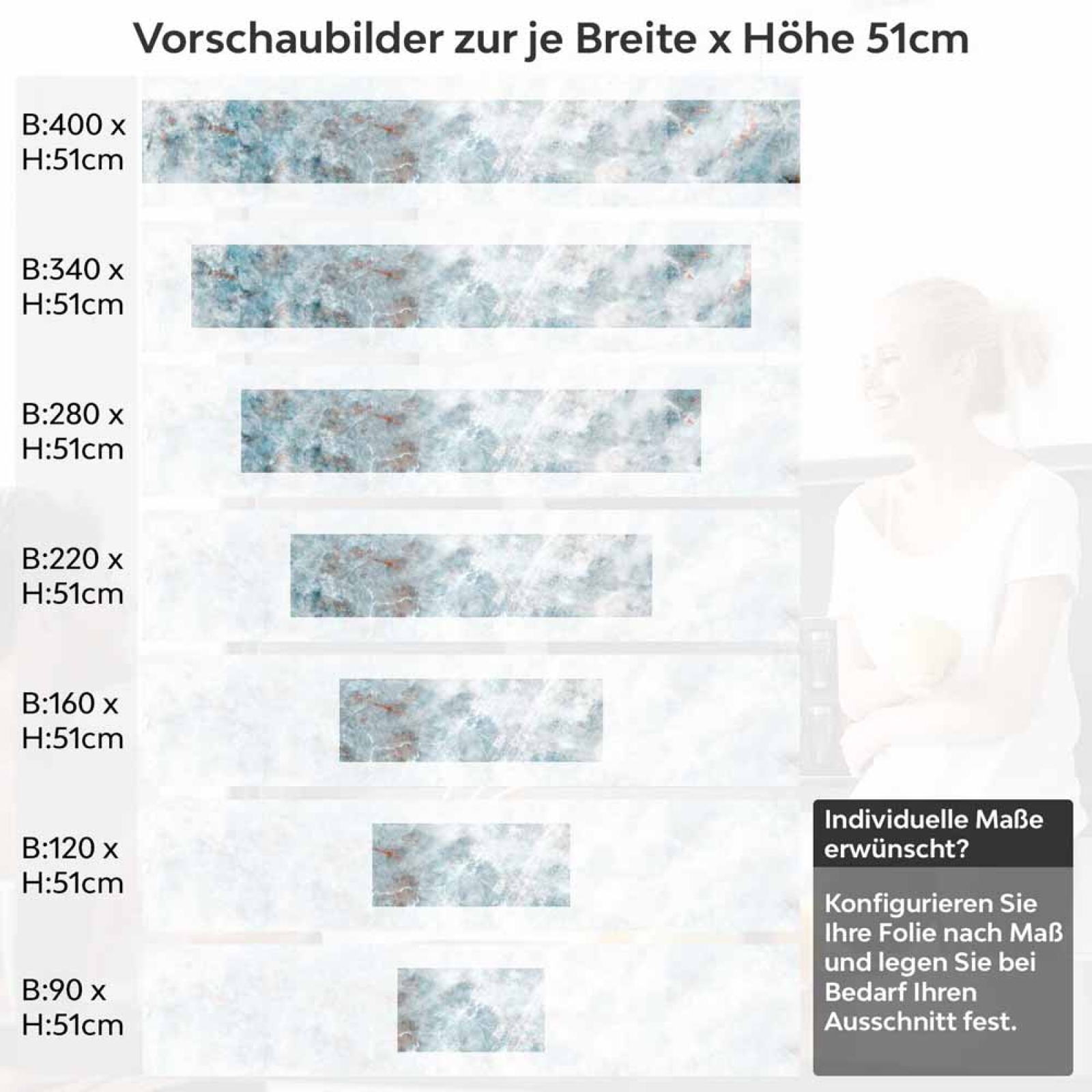Küchenrückwand Folie abstrakte Marmorstruktur in Blautönen Höhe 51cm