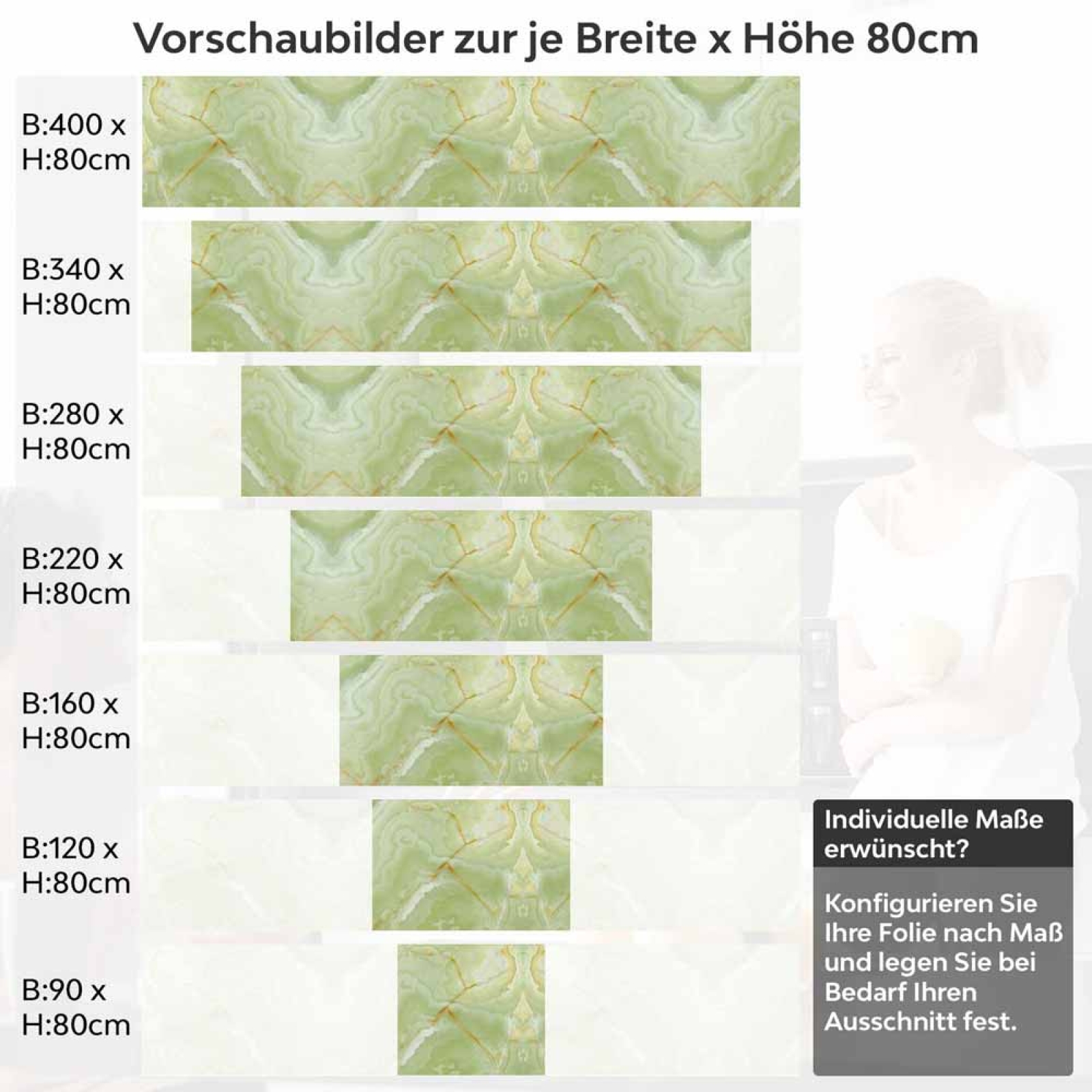 Küchenrückwand Folie Marmor in sanftem Grün Höhe 80cm