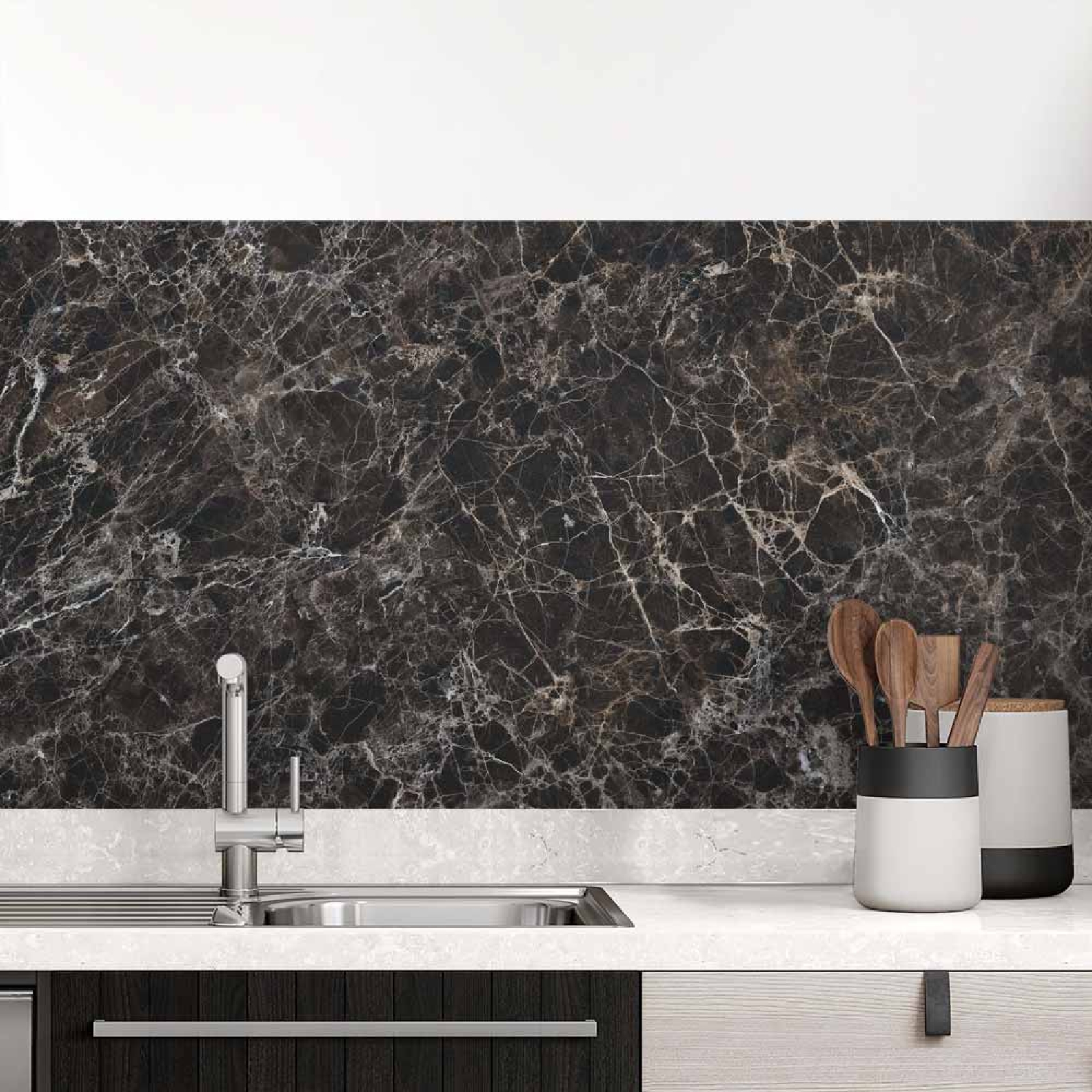 Küchenrückwand Folie Schwarz-Braun Marmordesign Hauptbild 1