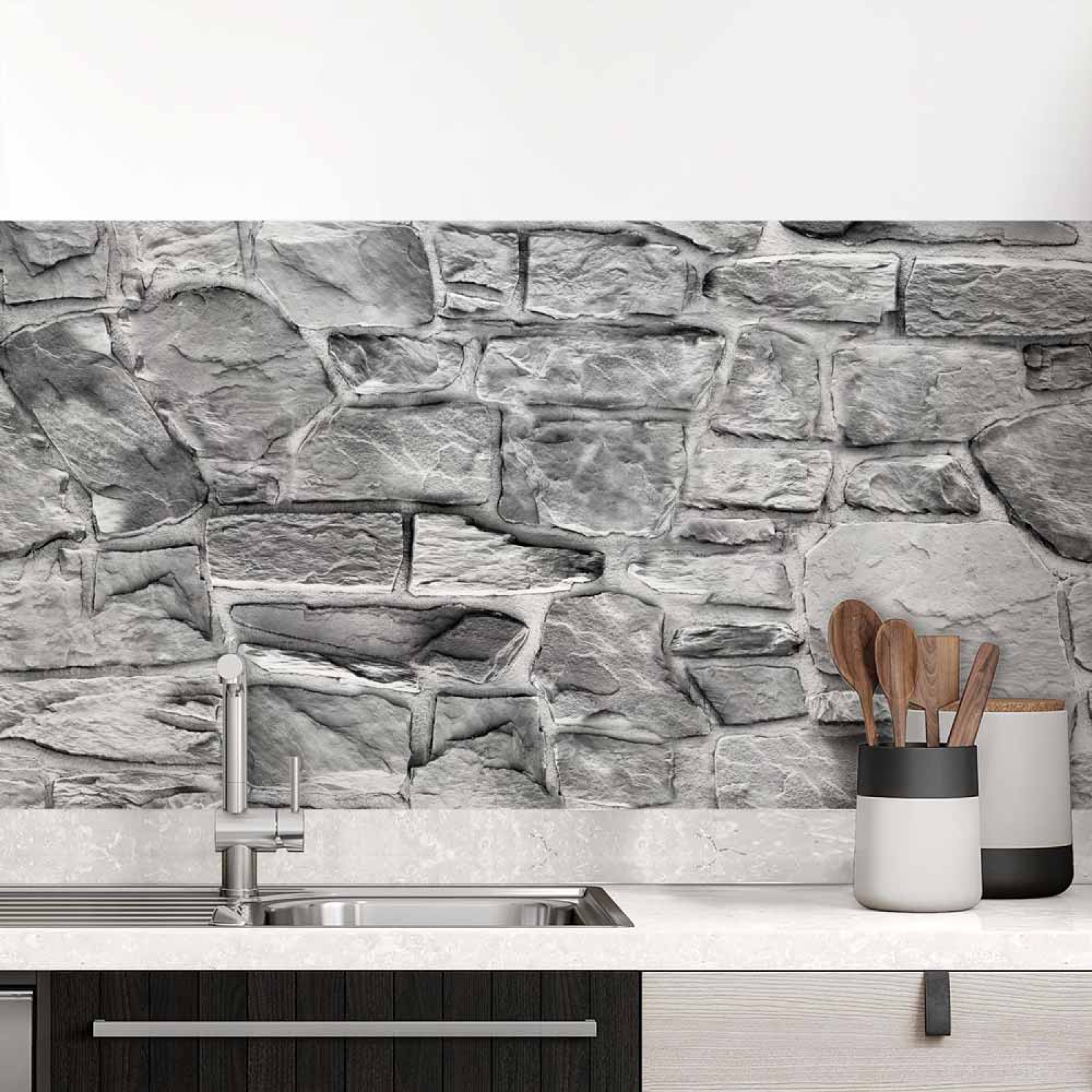 Küchenrückwand Folie Graues Naturmauerwerk - Rustikales Steinwand-Design Hauptbild 1