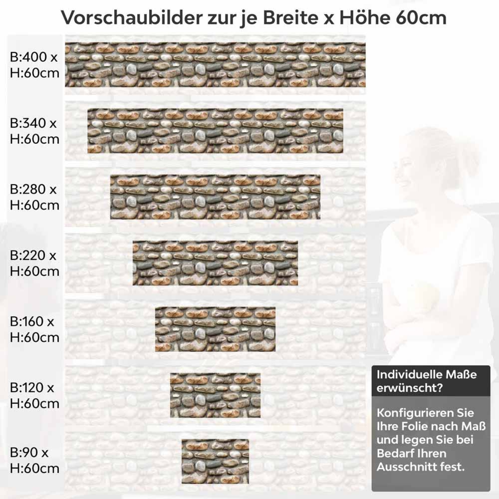 Küchenrückwand Folie Flusssteinmauer - Ländliches Ambiente Höhe 60cm