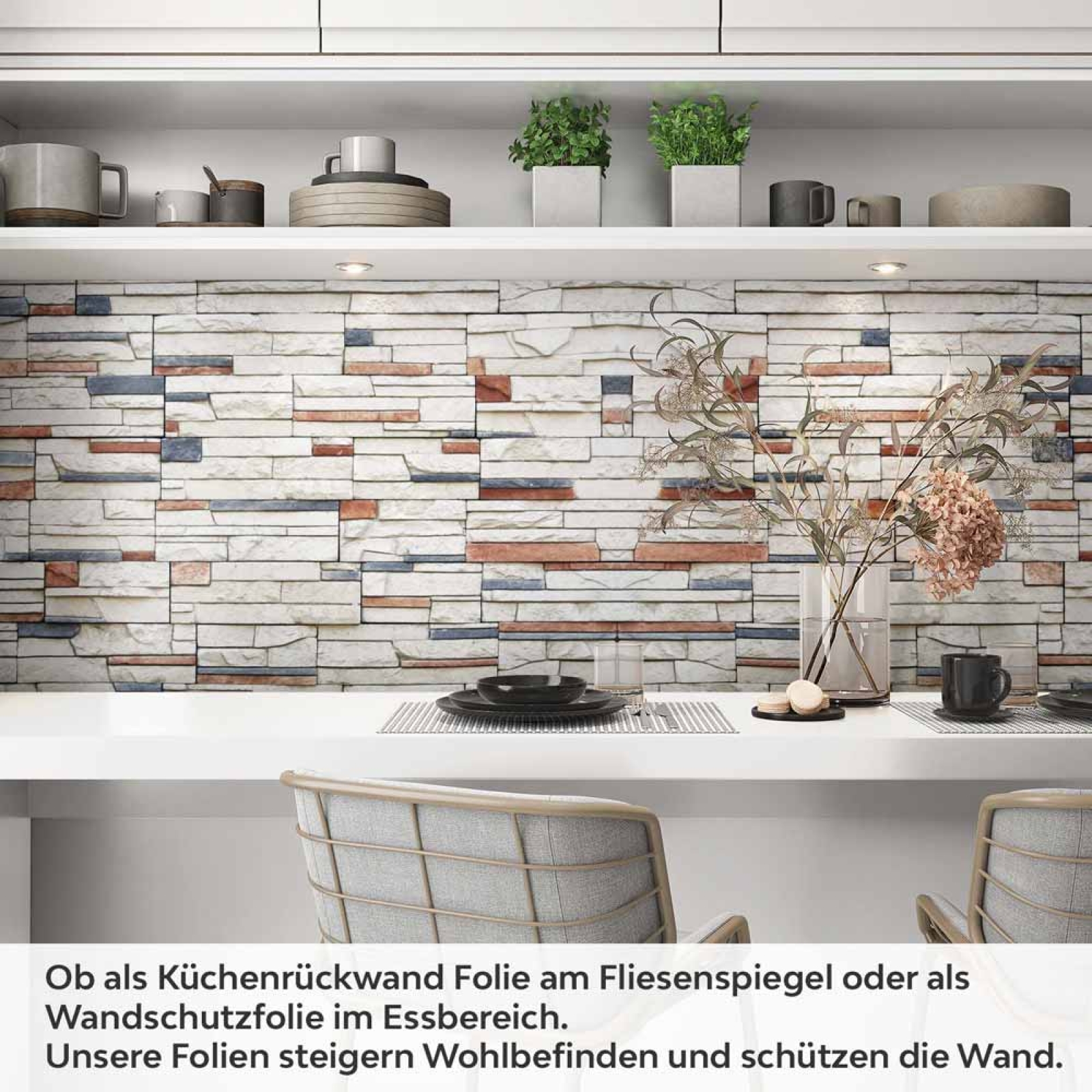 Küchenrückwand Folie Naturstein Look - Rustikaler trifft Farbe Artikelbild 1