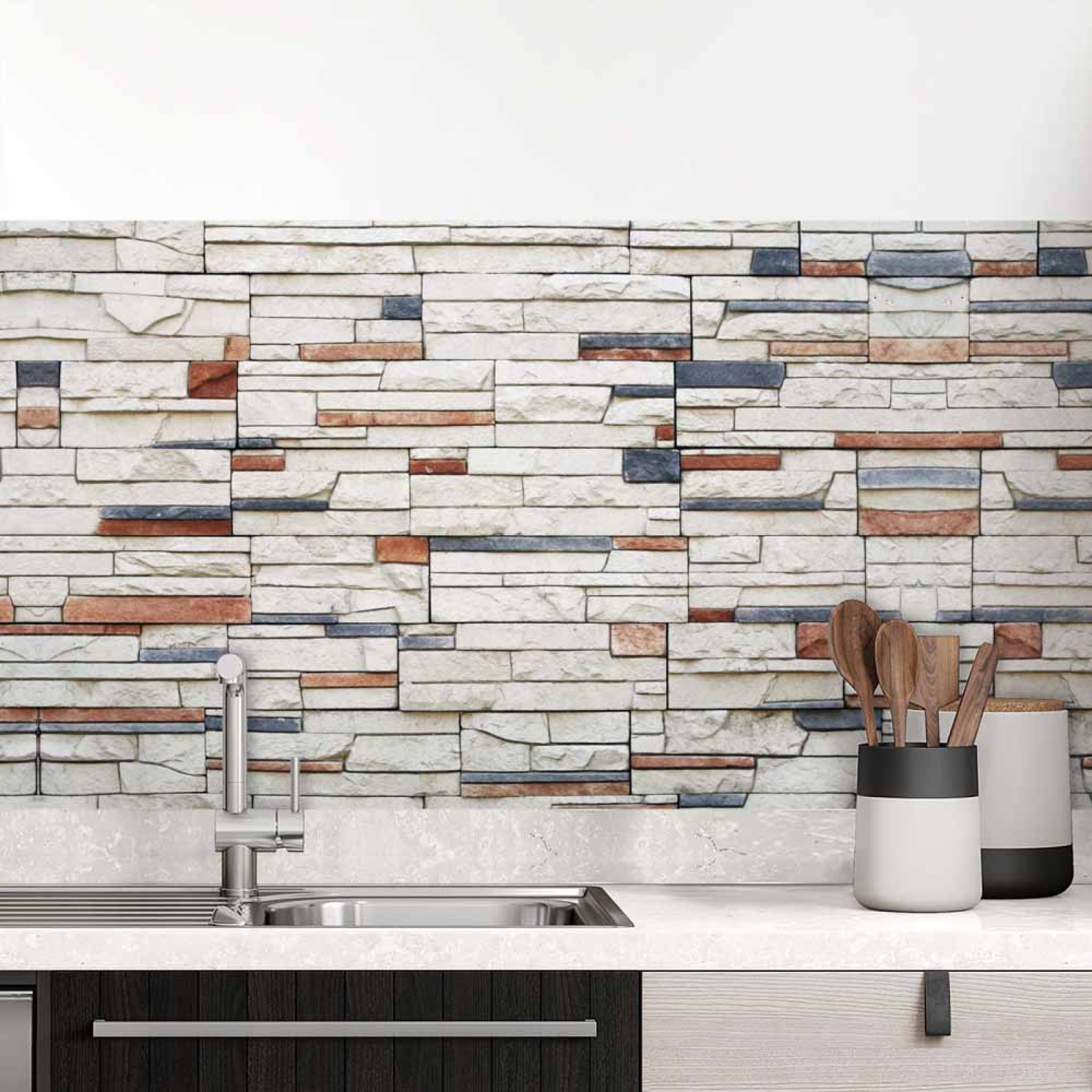 Küchenrückwand Folie Naturstein Look - Rustikaler trifft Farbe Hauptbild 1
