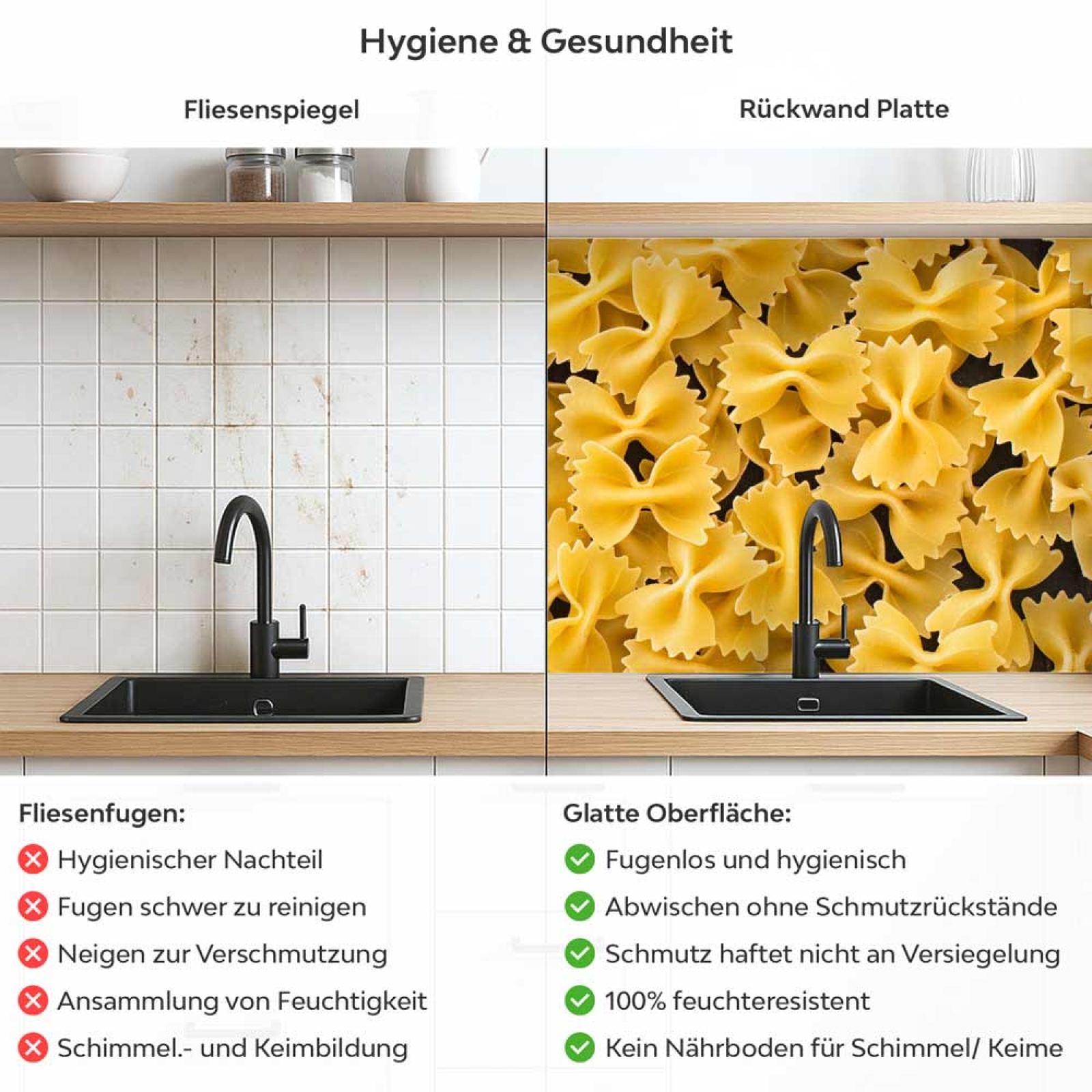 Küchenrückwand Platte Bunte Pasta Italienische Nudel Produktdetailbild 2: Hygiene und Gesundheit!