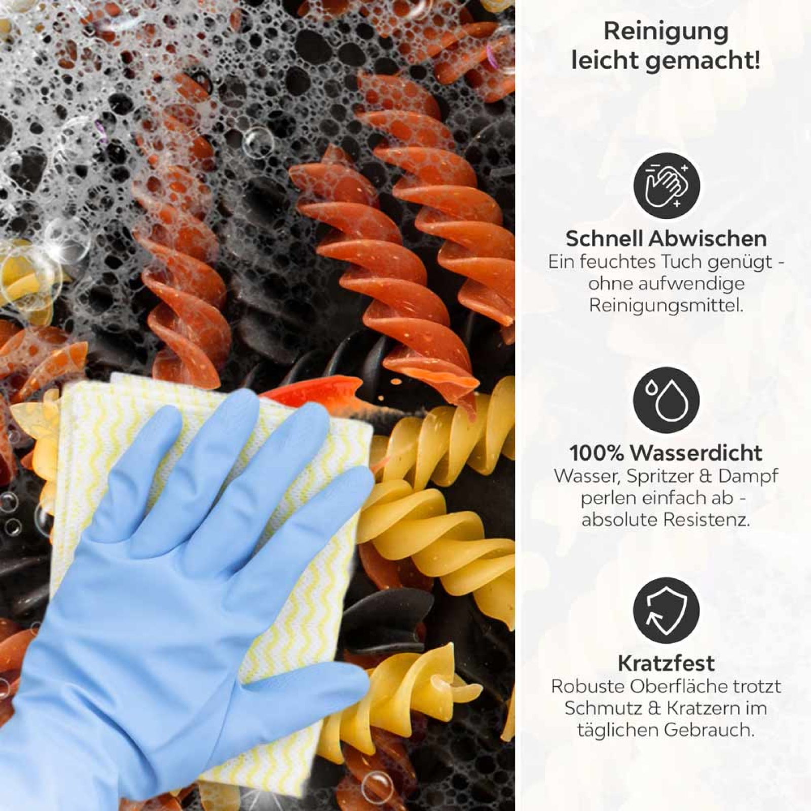 Küchenrückwand Platte Bunte Pasta Italienische Nudel Produktdetailbild 3: Reinigung leicht gemacht!