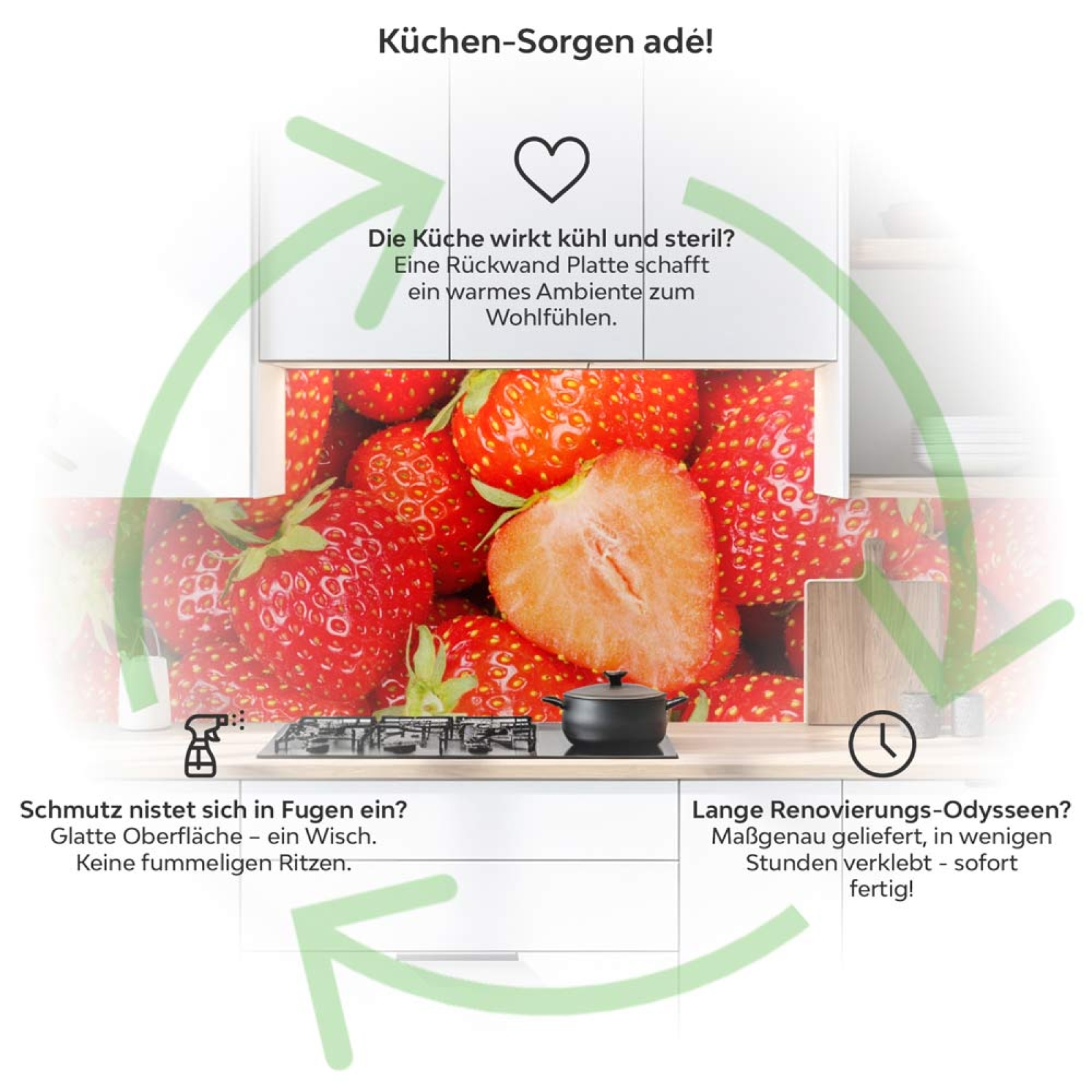 Küchenrückwand Platte Sommerliche Erdbeeren Produktdetailbild 1: Küchen-Sorgen ade!