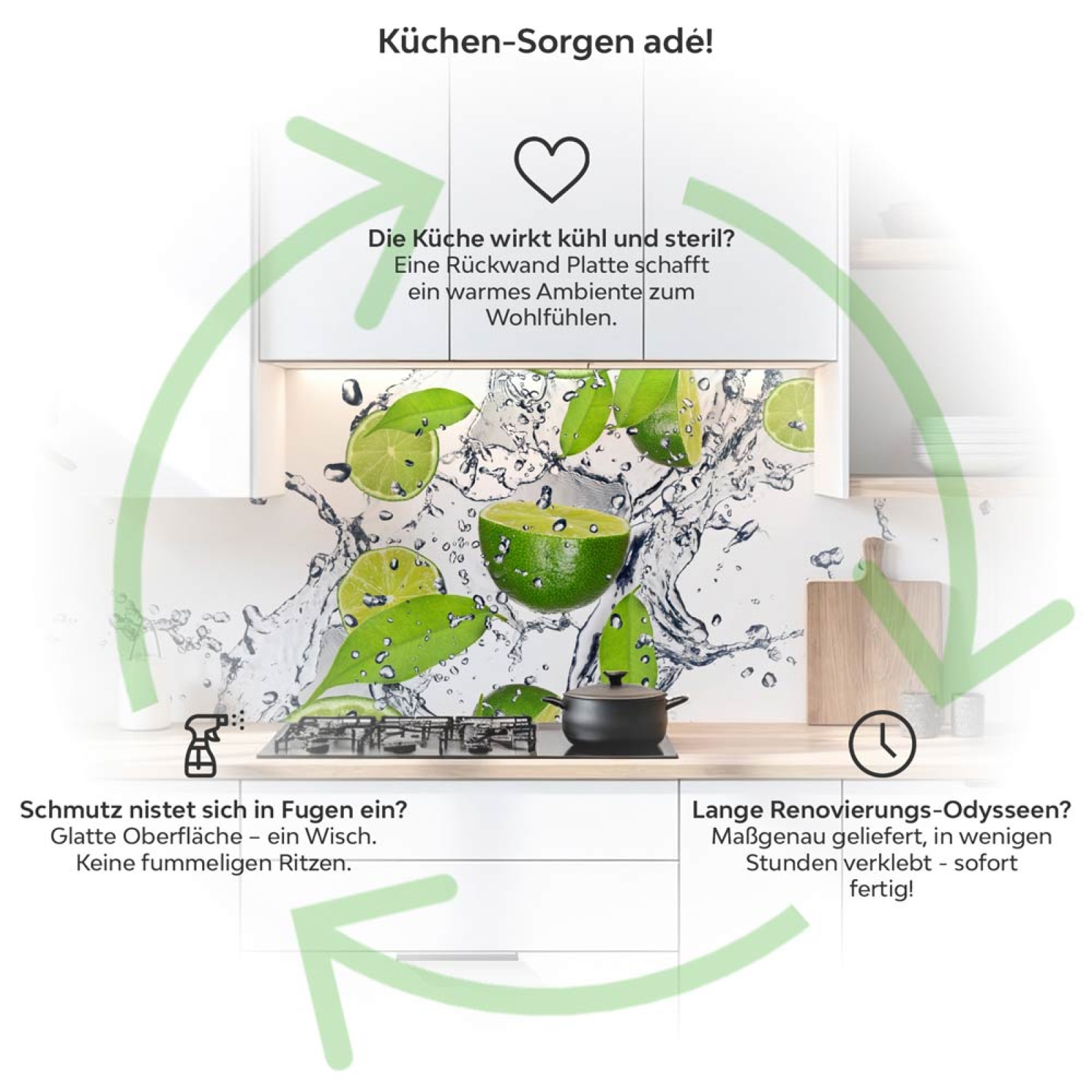 Küchenrückwand Platte Spritzige Limetten Produktdetailbild 1: Küchen-Sorgen ade!
