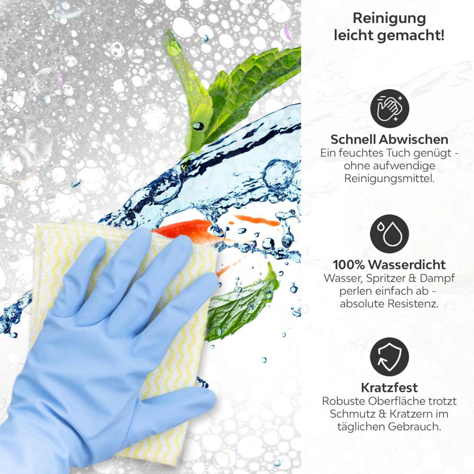 Küchenrückwand Platte Spritzige Limetten & Minzen Produktdetailbild 3: Reinigung leicht gemacht!