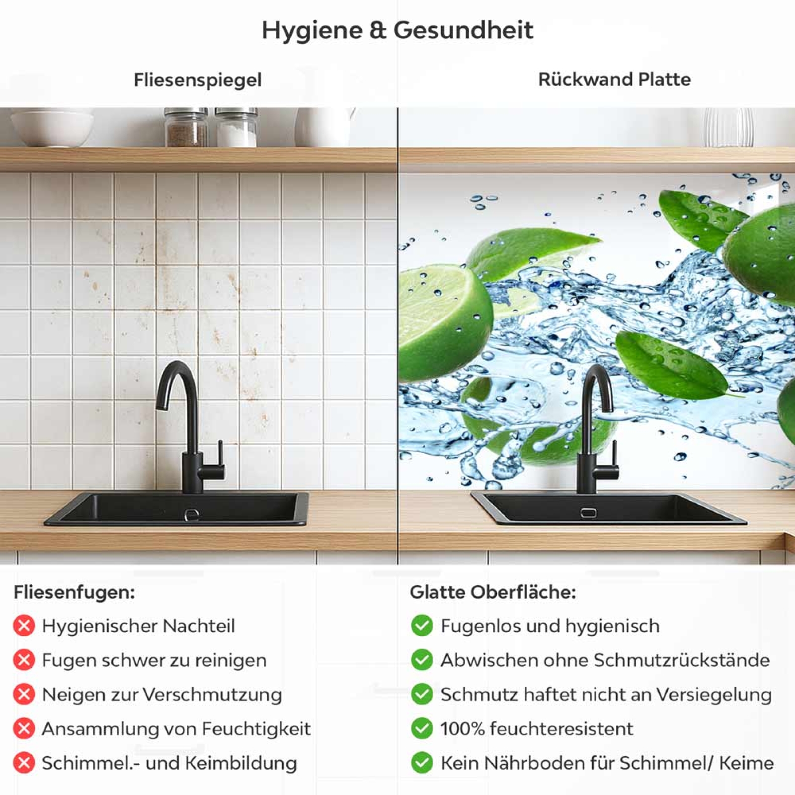 Küchenrückwand Platte Spritzige Limetten & Eiswürfel Produktdetailbild 2: Hygiene und Gesundheit!