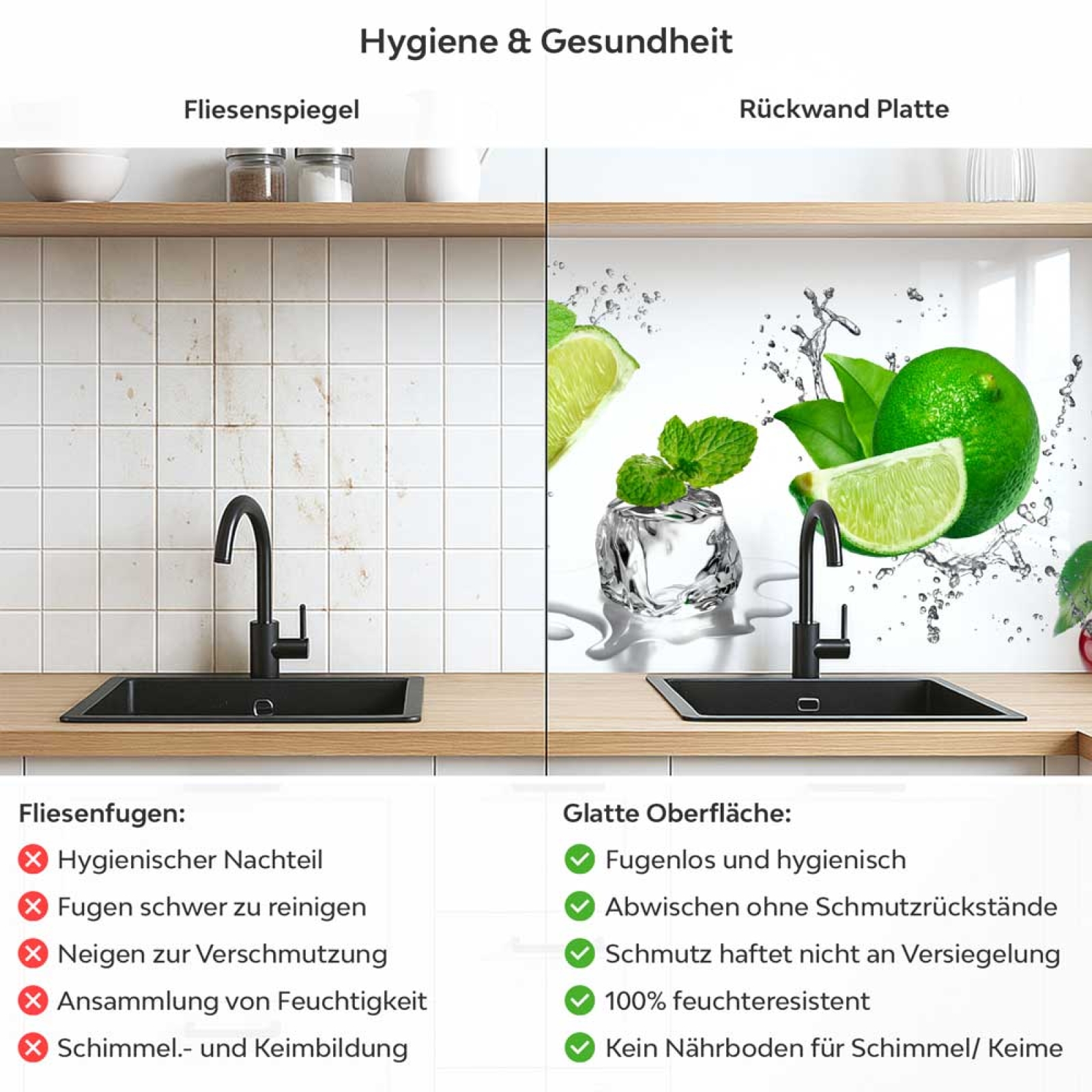 Küchenrückwand Platte Spritzige Limetten & Kirschen Produktdetailbild 2: Hygiene und Gesundheit!