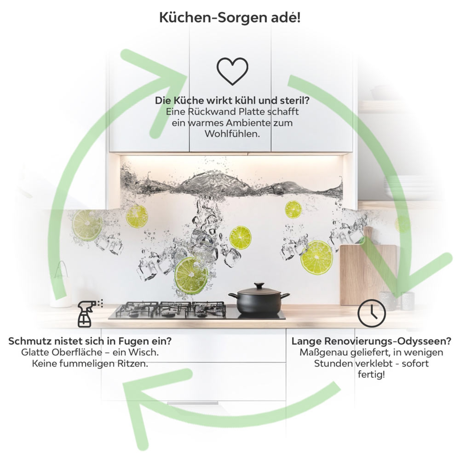 Küchenrückwand Platte Lime Splash Produktdetailbild 1: Küchen-Sorgen ade!