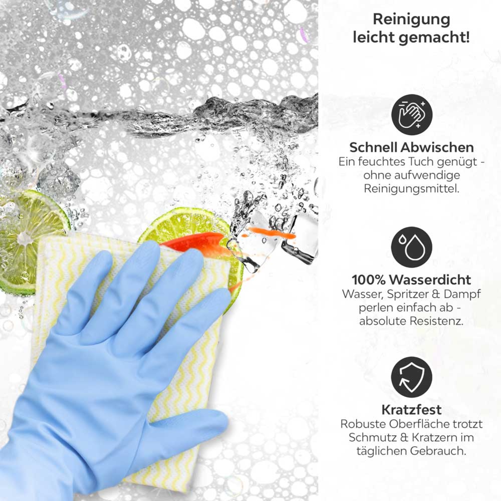 Küchenrückwand Platte Lime Splash Produktdetailbild 3: Reinigung leicht gemacht!