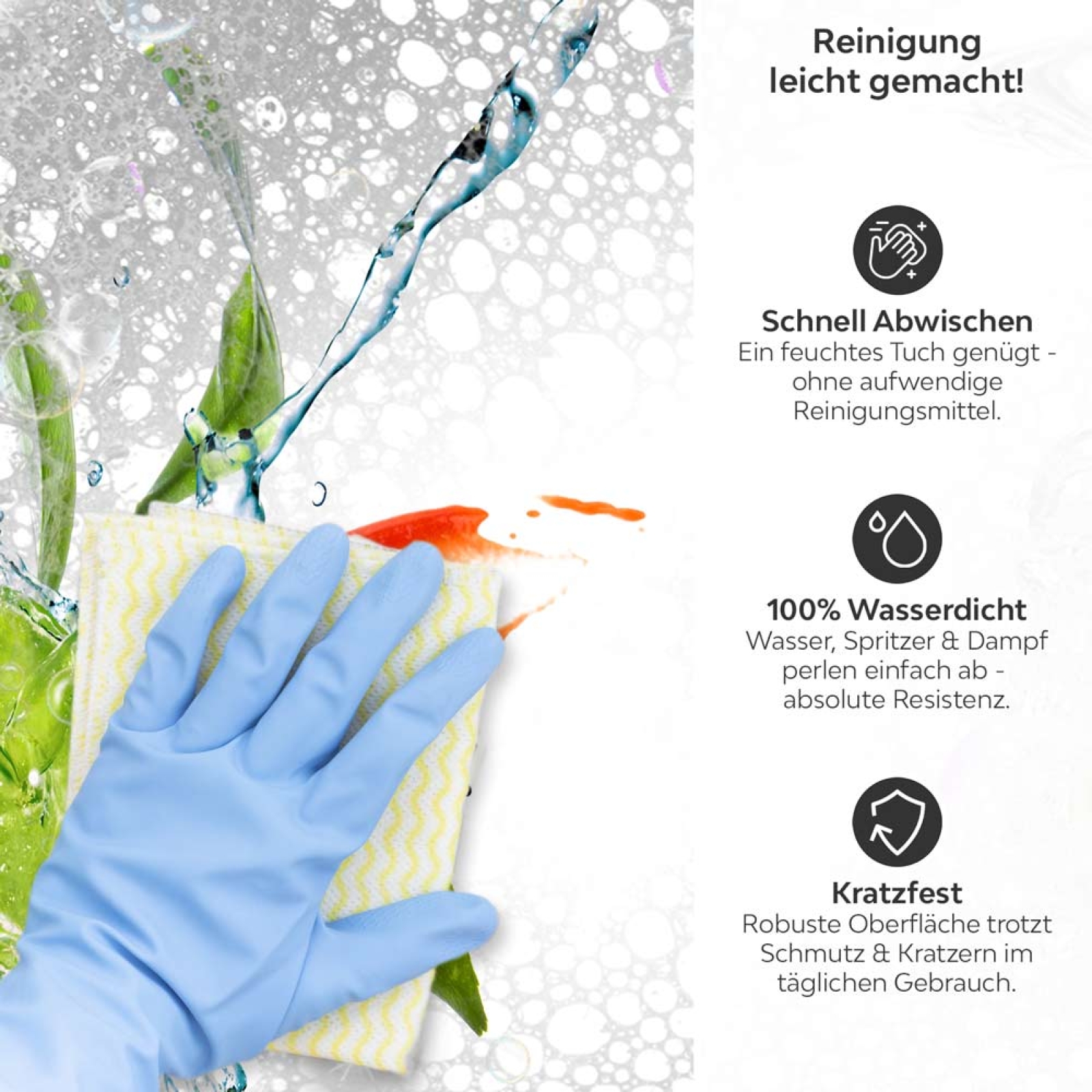 Küchenrückwand Platte Limetten Wasser Splash Produktdetailbild 3: Reinigung leicht gemacht!