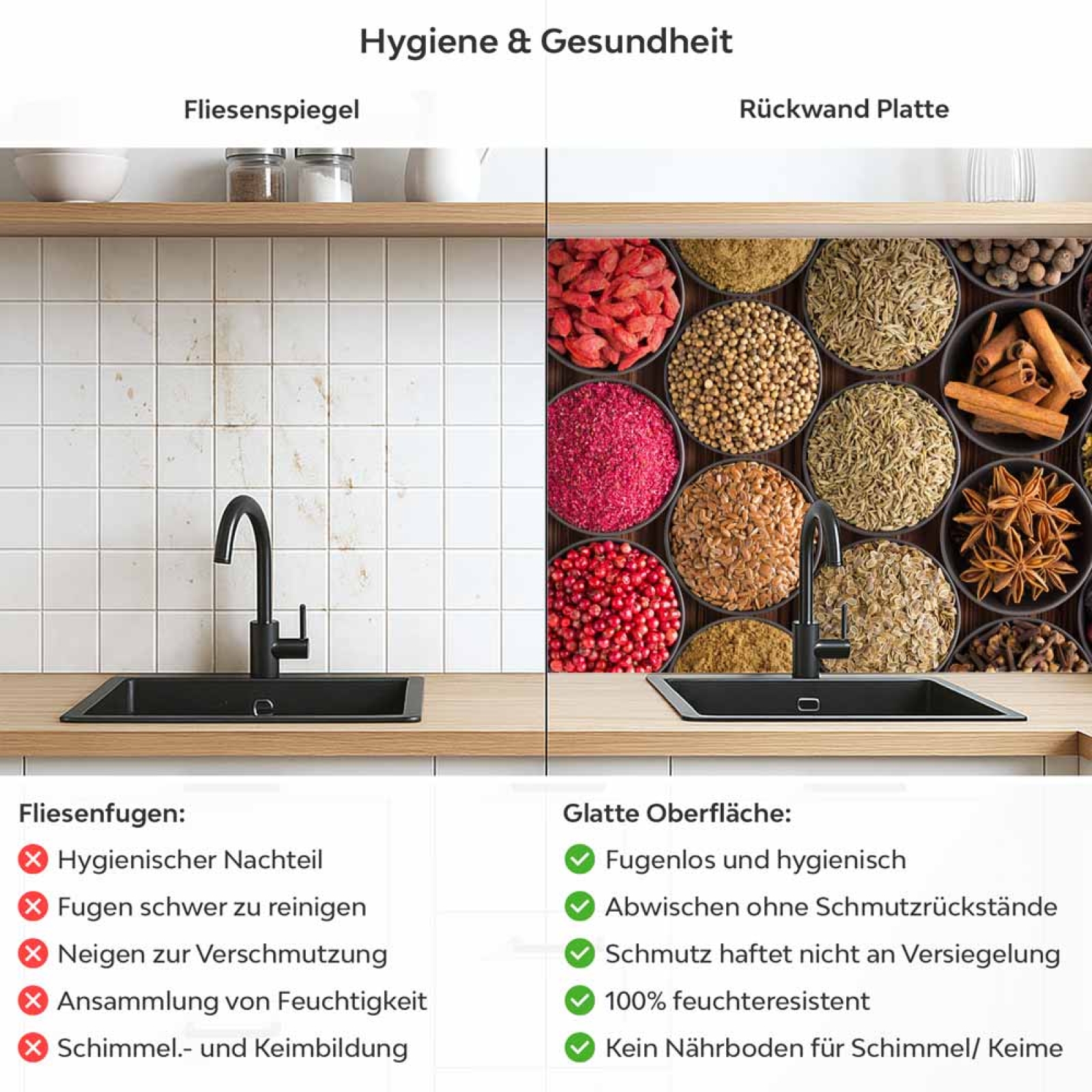 Küchenrückwand Platte Bunte Gewürzvielfalt Produktdetailbild 2: Hygiene und Gesundheit!