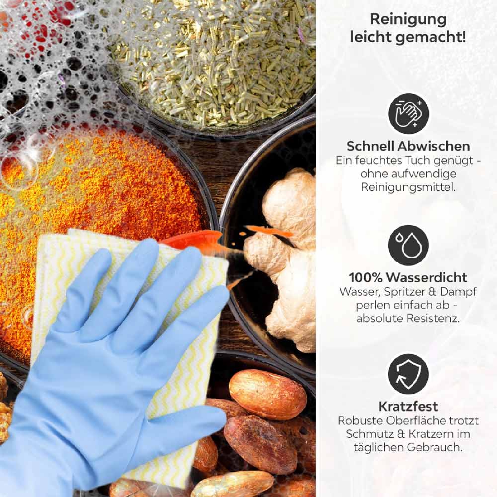 Küchenrückwand Platte Gewürz‑Bowls mit Nüssen & Samen Produktdetailbild 3: Reinigung leicht gemacht!