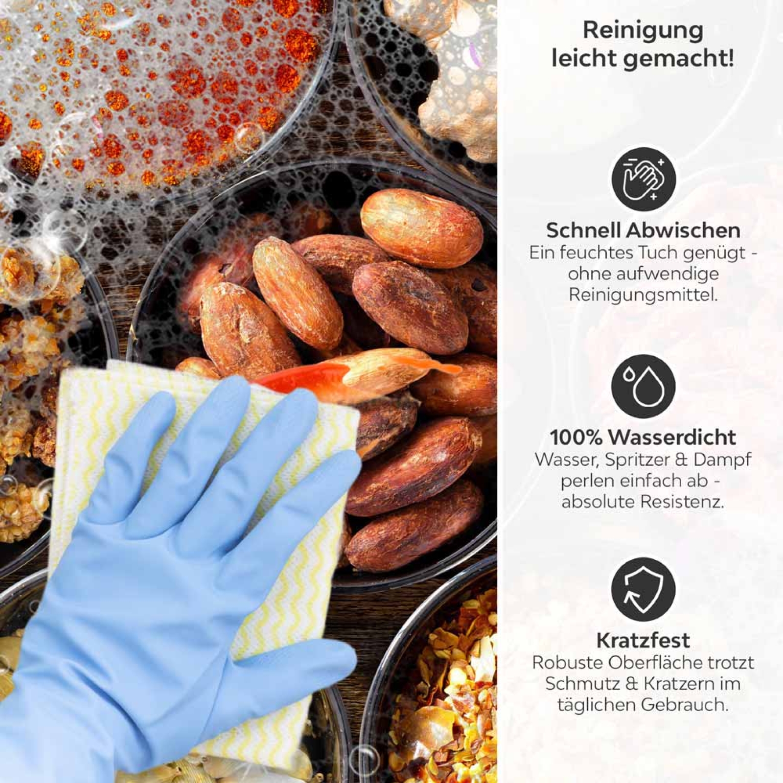 Küchenrückwand Platte Schälchen voller Würze Produktdetailbild 3: Reinigung leicht gemacht!